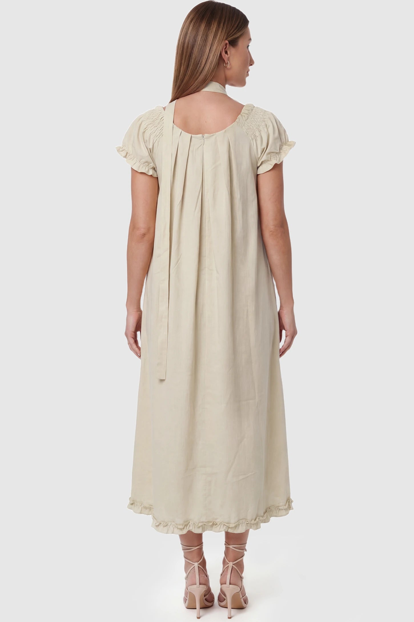 Round Neck Short Sleeve Maternity Midi Dress with Pockets Round neck short sleeve maternity midi dress with pockets in beige with shorts sleeve, back view on pregnant model