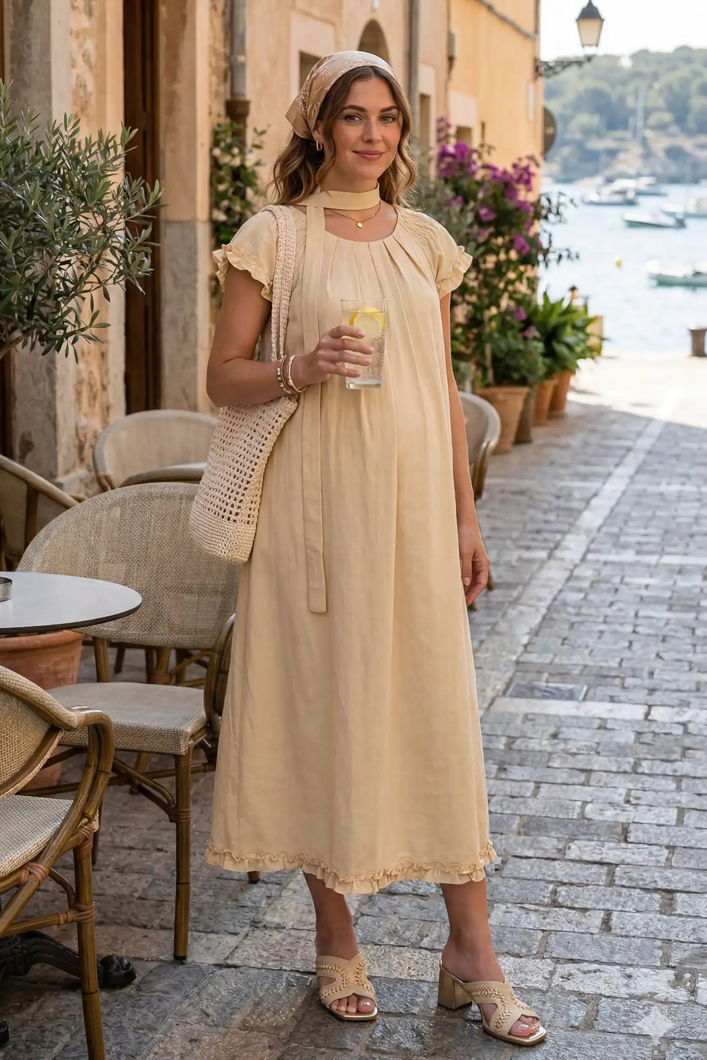 Round neck short sleeve maternity midi dress with pockets in beige with round neckline and tie neck detail, front view on pregnant model