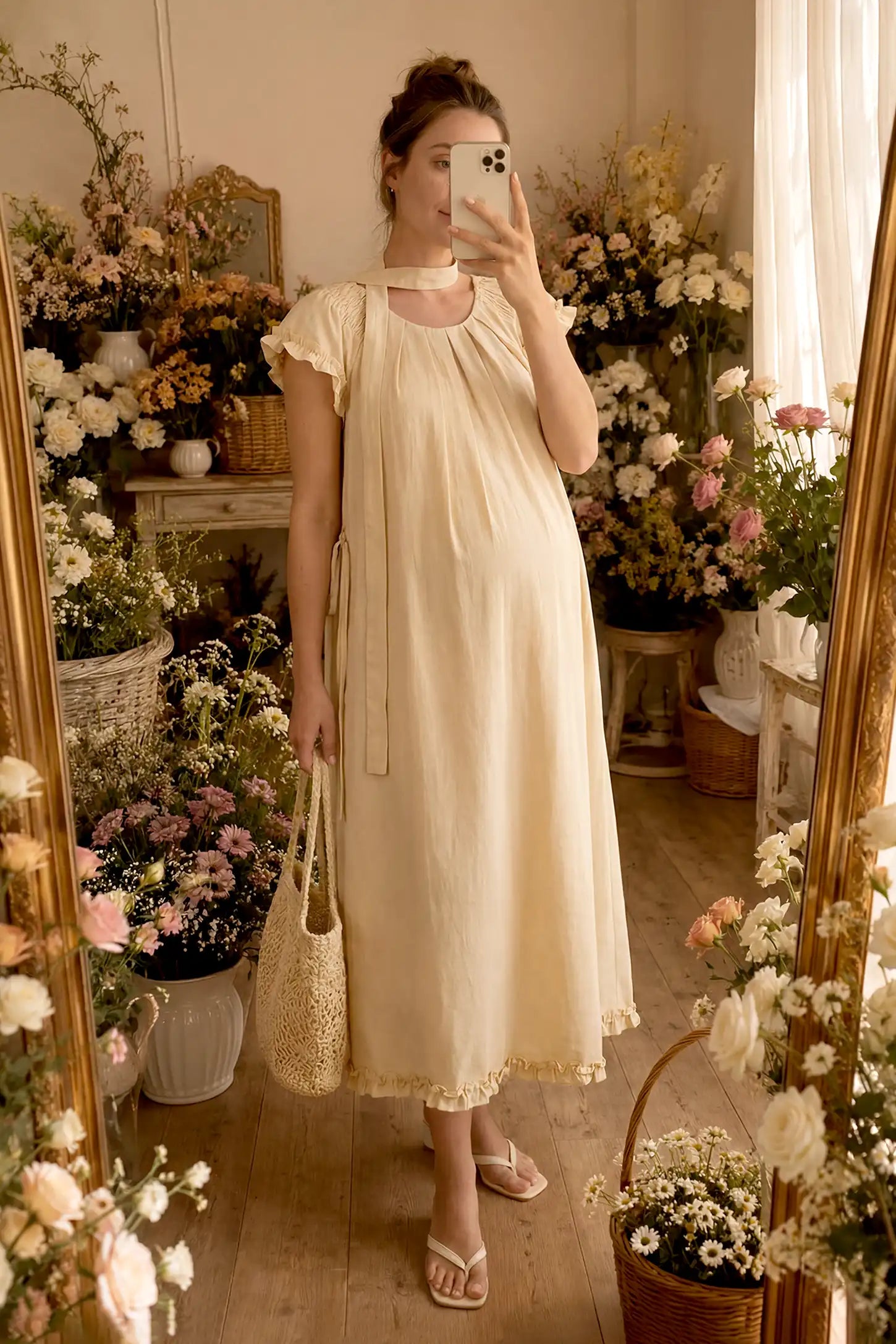 Round Neck Short Sleeve Maternity Midi Dress with Pockets Round neck short sleeve maternity midi dress with pockets in beige with round neckline and tie neck detail, front view on pregnant model