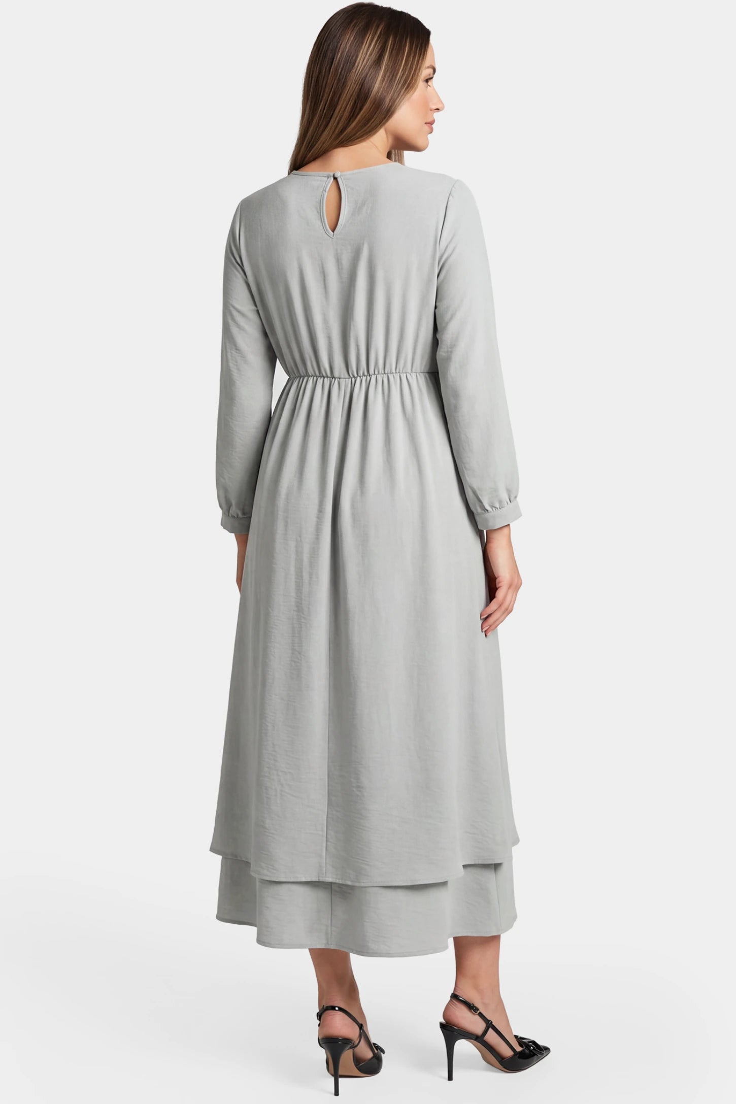 Round Neck A-Line Midi Maternity Dress Round neck A-line midi maternity dress in gray featuring relaxed crepe texture in back view on a pregnant model