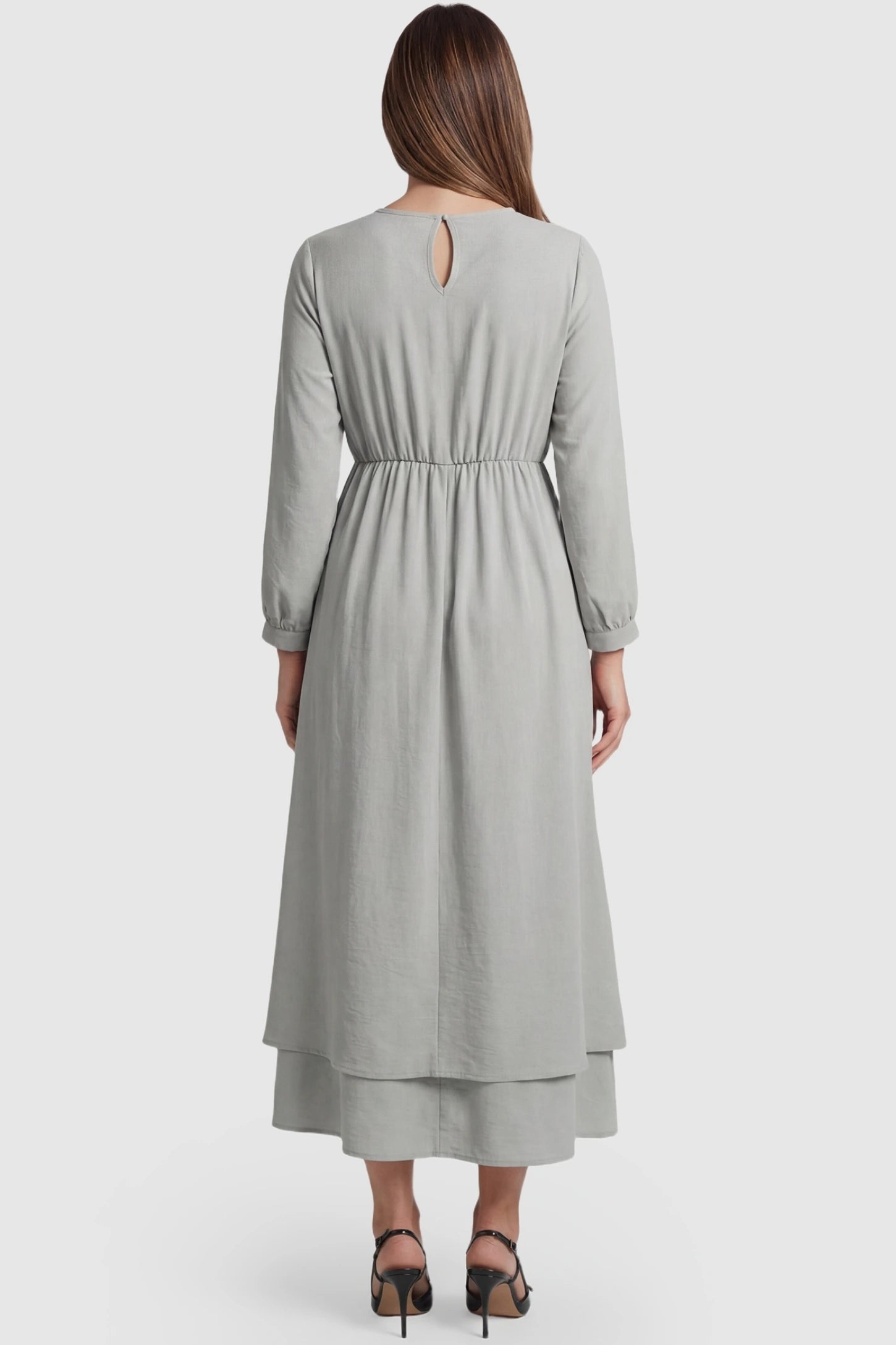 Round Neck A-Line Midi Maternity Dress Round neck A-line midi maternity dress in gray featuring relaxed crepe texture in back view on a pregnant model