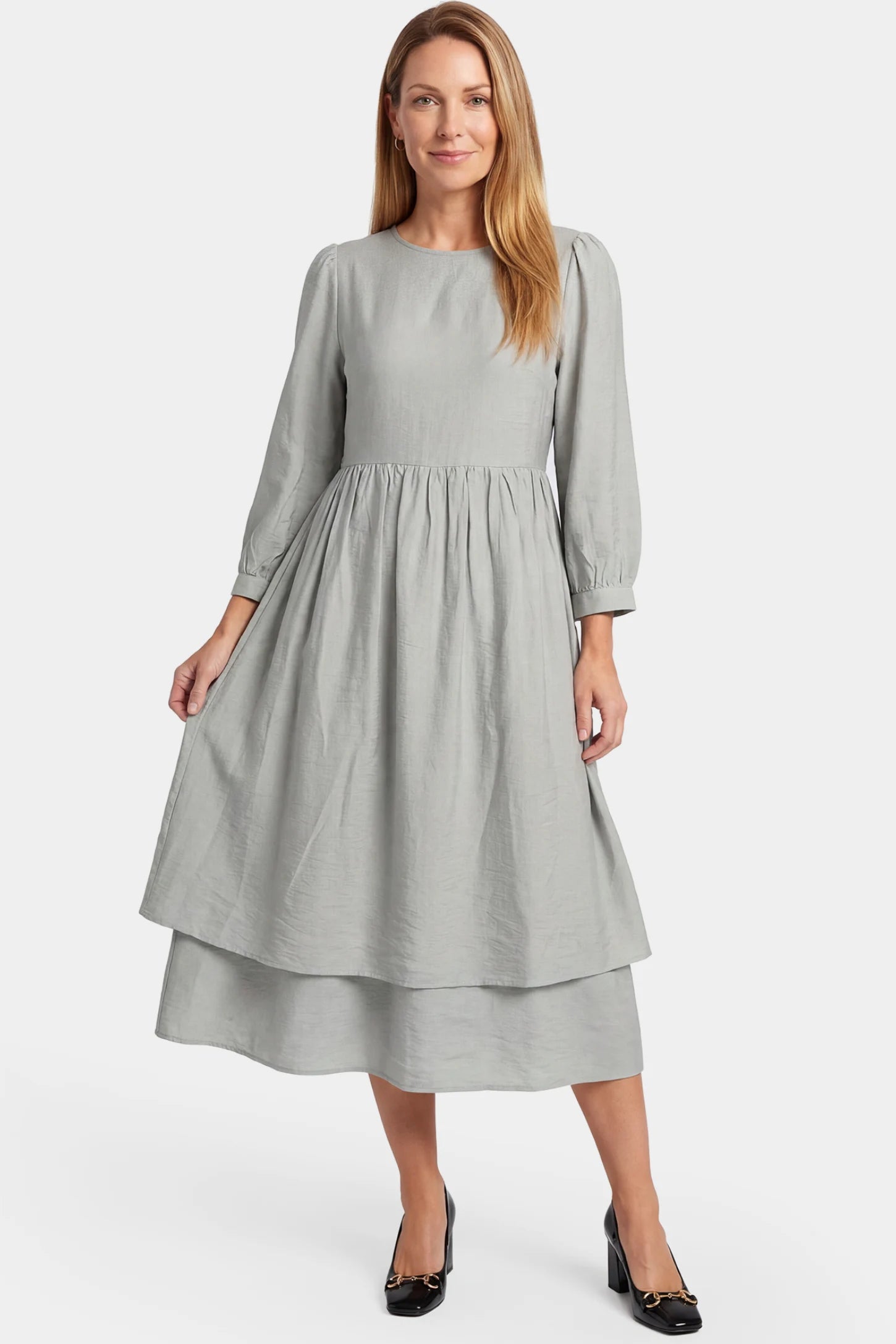 Round Neck A-Line Midi Maternity Dress Round neck A-line midi maternity dress in gray featuring round neckline in front view on a postpartum model