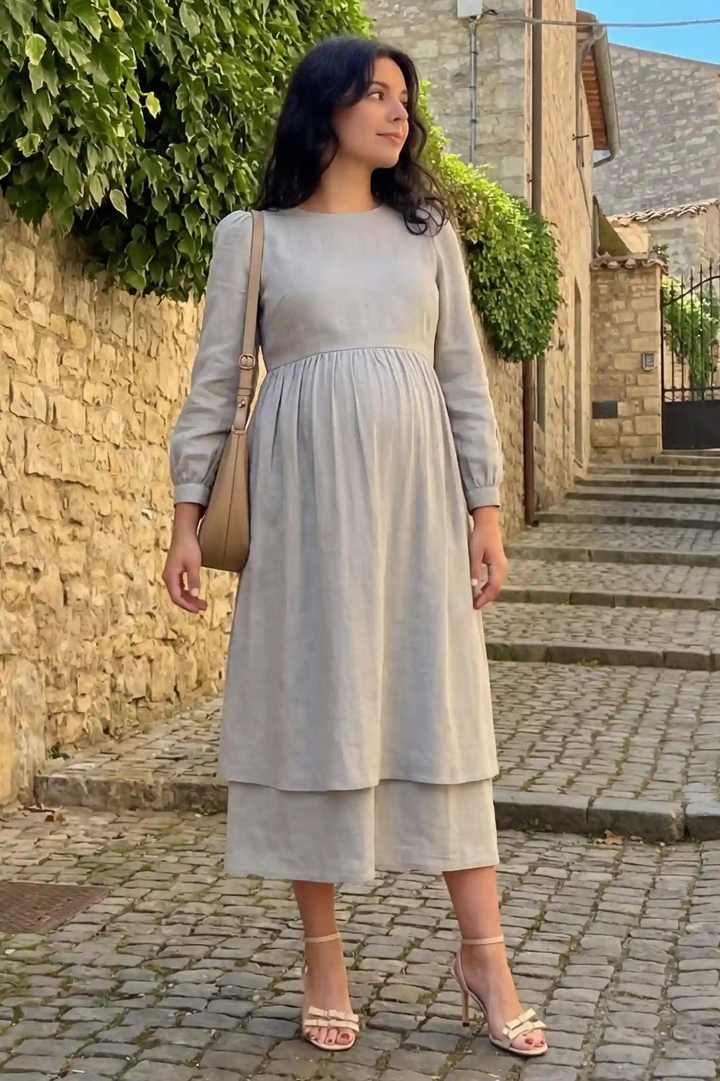 Round Neck A-Line Midi Maternity Dress Round neck A-line midi maternity dress in gray featuring round neckline and long sleeves in front view on a pregnant model