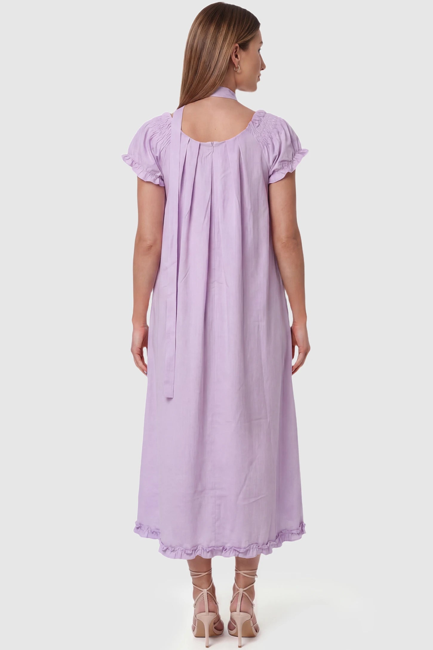 Round Neck Short Sleeve Maternity Midi Dress with Pockets Round neck short sleeve maternity midi dress with pockets in purple with shorts sleeve, back view on pregnant model
