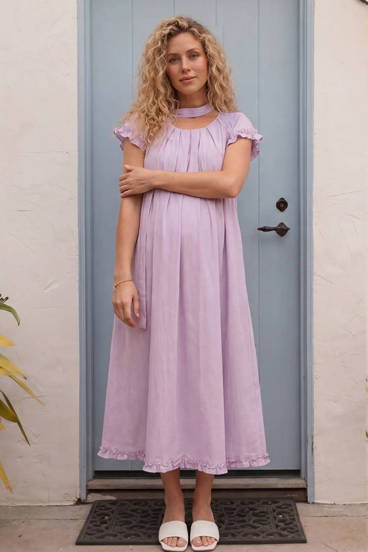 Round Neck Short Sleeve Maternity Midi Dress with Pockets Round neck short sleeve maternity midi dress with pockets in purple with round neckline and tie neck detail, front view on pregnant model