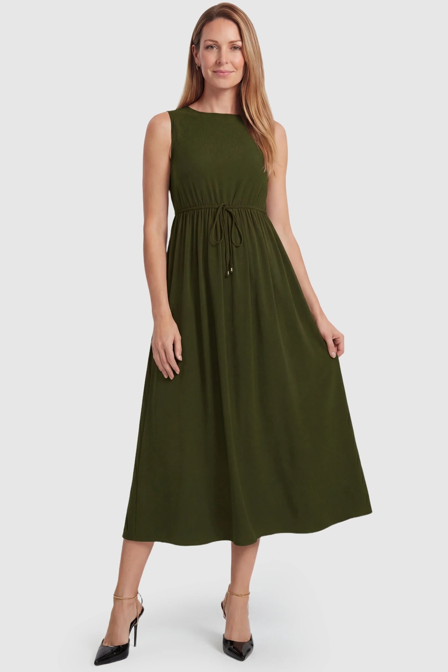 Drawstring Waist Sleeveless Full Skirt Maternity Skater Dress Drawstring Waist Sleeveless Maternity Skater Dress in Army Green featuring a cinched drawstring on a postpartum model.