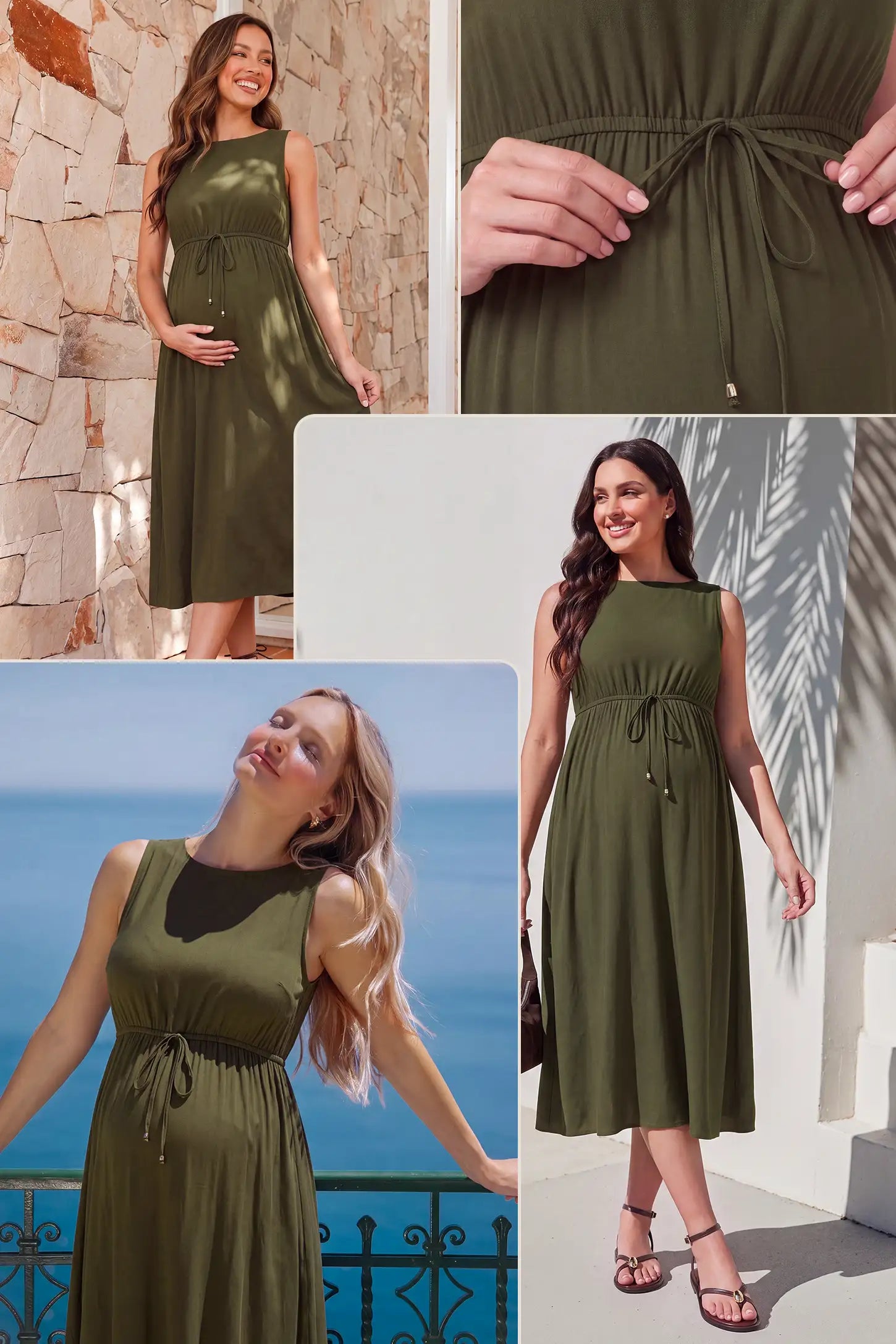 Drawstring Waist Sleeveless Full Skirt Maternity Skater Dress Drawstring Waist Sleeveless Maternity Skater Dress in green featuring a side profile bump view on a pregnant model outdoors.
