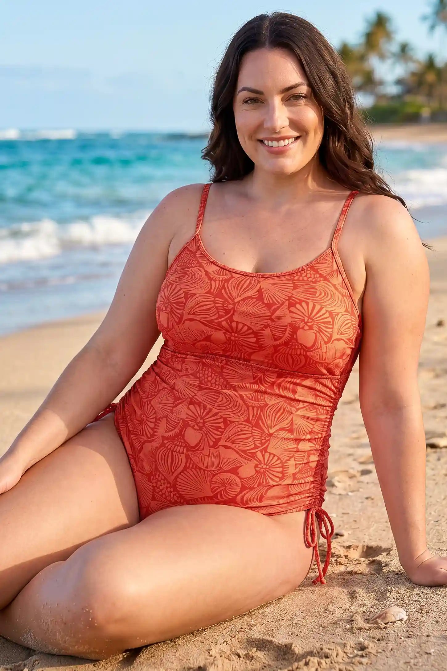 Ruched Side-Tie Marine Print Maternity One-Piece Swimsuit Ruched Side-Tie Marine Print Maternity One-Piece Swimsuit in Tangerine-orange featuring a marine print, ruched side design, adjustable side ties, and a flattering maternity fit on a plus size pregnant model, front view.