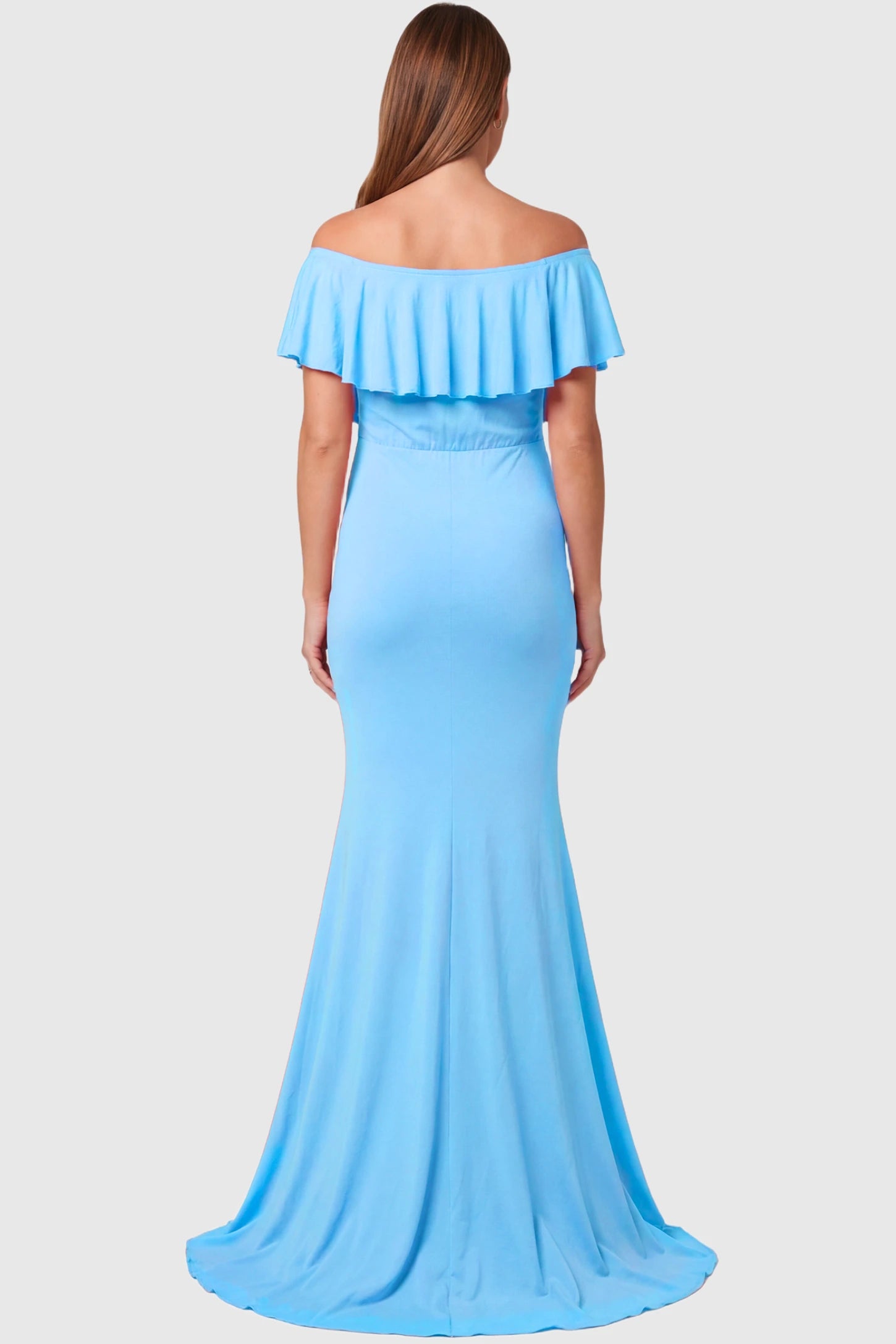 Off-Shoulder Mermaid Maternity Gown Off-Shoulder Mermaid Maternity Gown in light blue featuring ruffle overlay,and sweep train on pregnant model.
