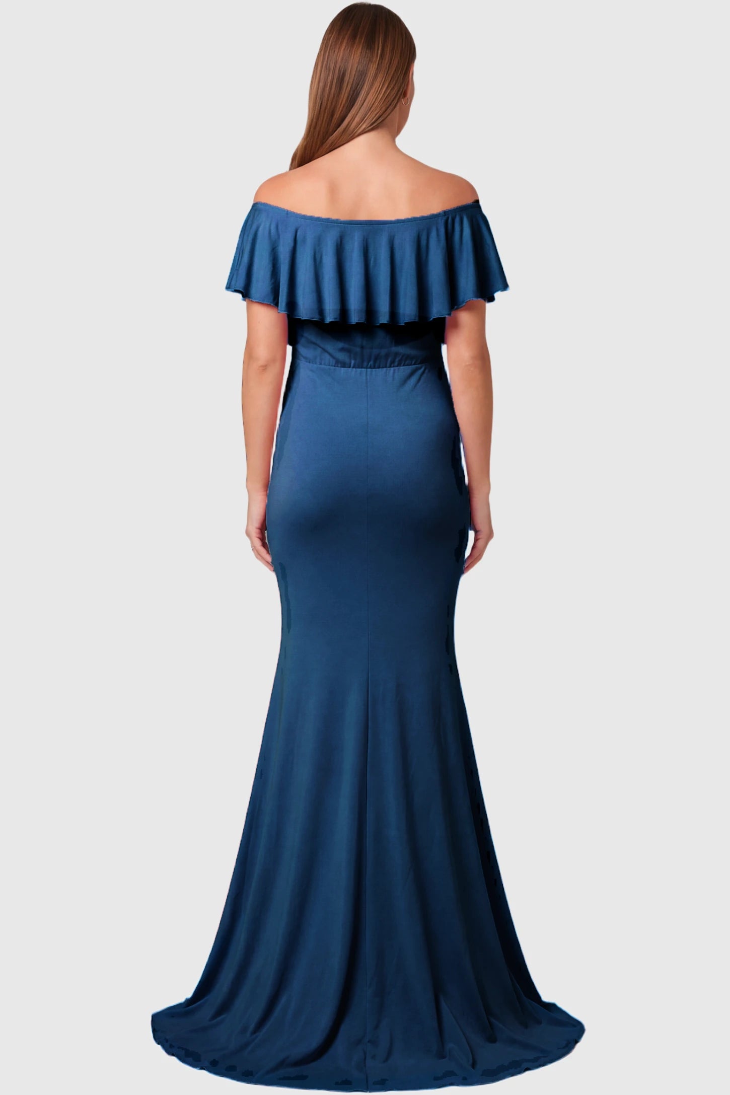 Off-Shoulder Mermaid Maternity Gown Off-Shoulder Mermaid Maternity Gown in light denim blue featuring ruffle overlay, and sweep train on pregnant model.