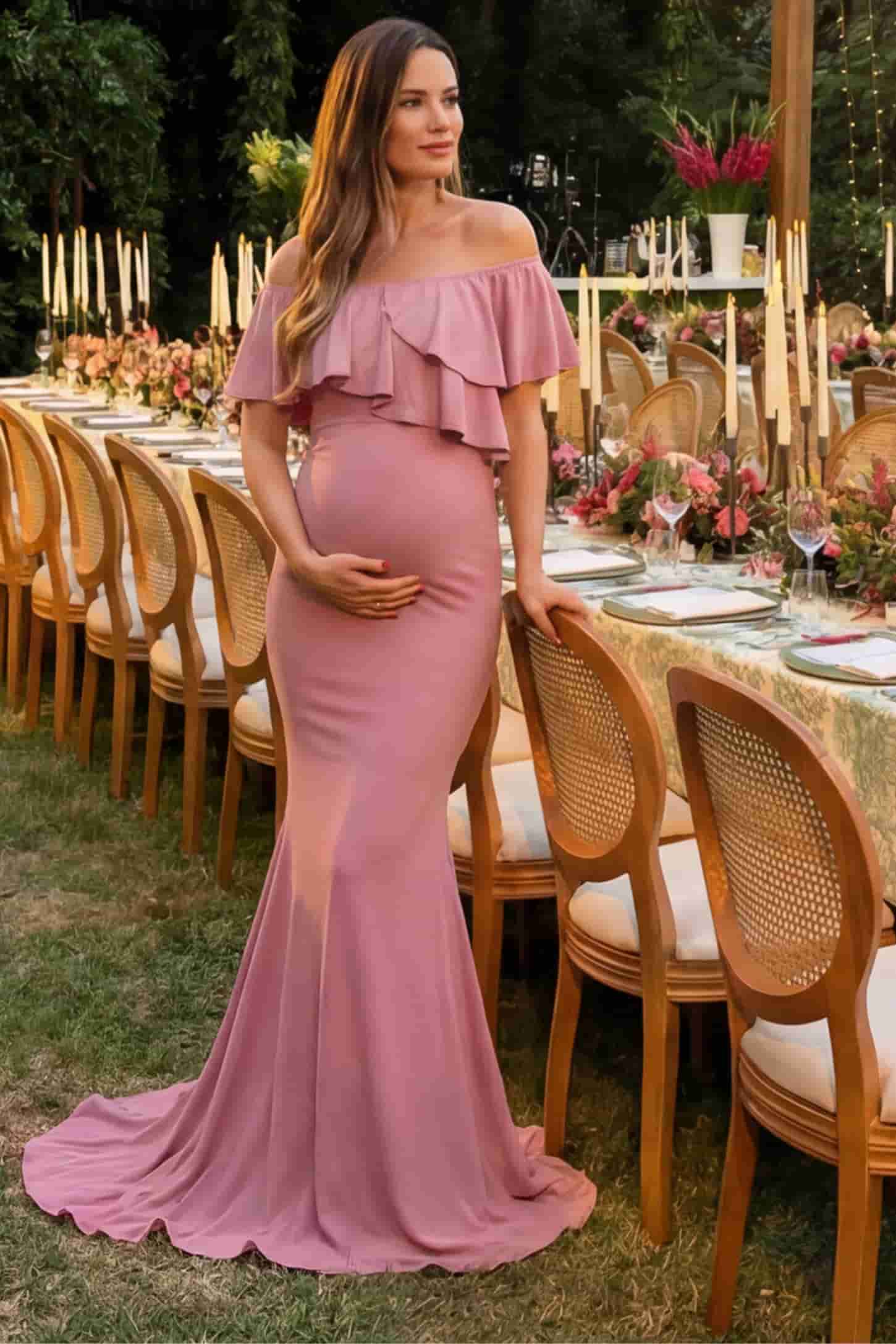 Off-Shoulder Mermaid Maternity Gown Off-Shoulder Mermaid Maternity Gown in pink featuring ruffle overlay, flounce neckline, and sweep train on pregnant model.