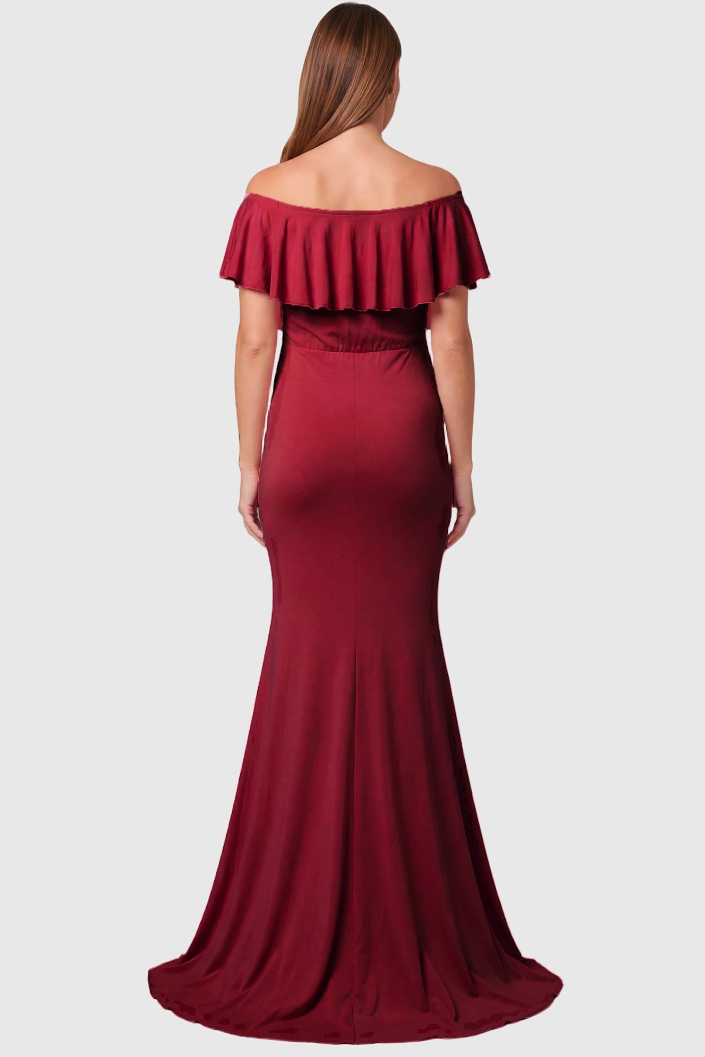 Off-Shoulder Mermaid Maternity Gown Off-Shoulder Mermaid Maternity Gown in light wine red featuring ruffle overlay, and sweep train on pregnant model.