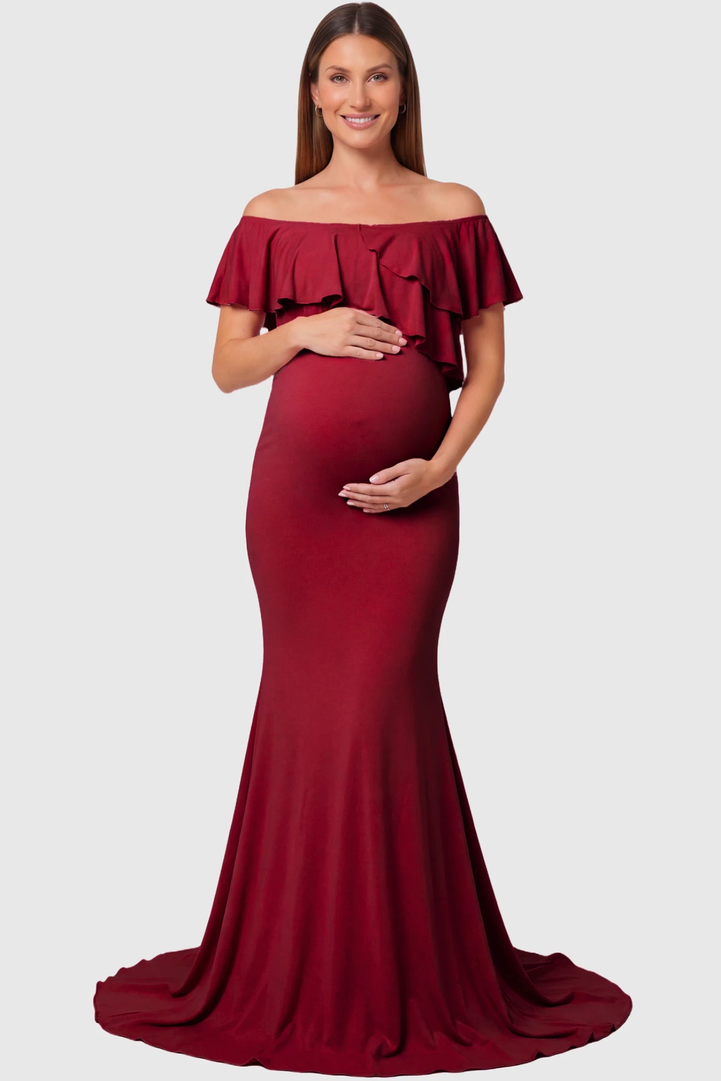 Off-Shoulder Mermaid Maternity Gown in light wine red featuring ruffle overlay, flounce neckline, and sweep train on pregnant model.
