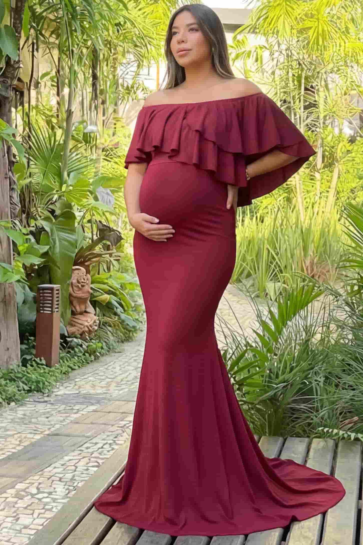 Off-Shoulder Mermaid Maternity Gown in light wine red featuring ruffle overlay, flounce neckline, and sweep train on pregnant model.