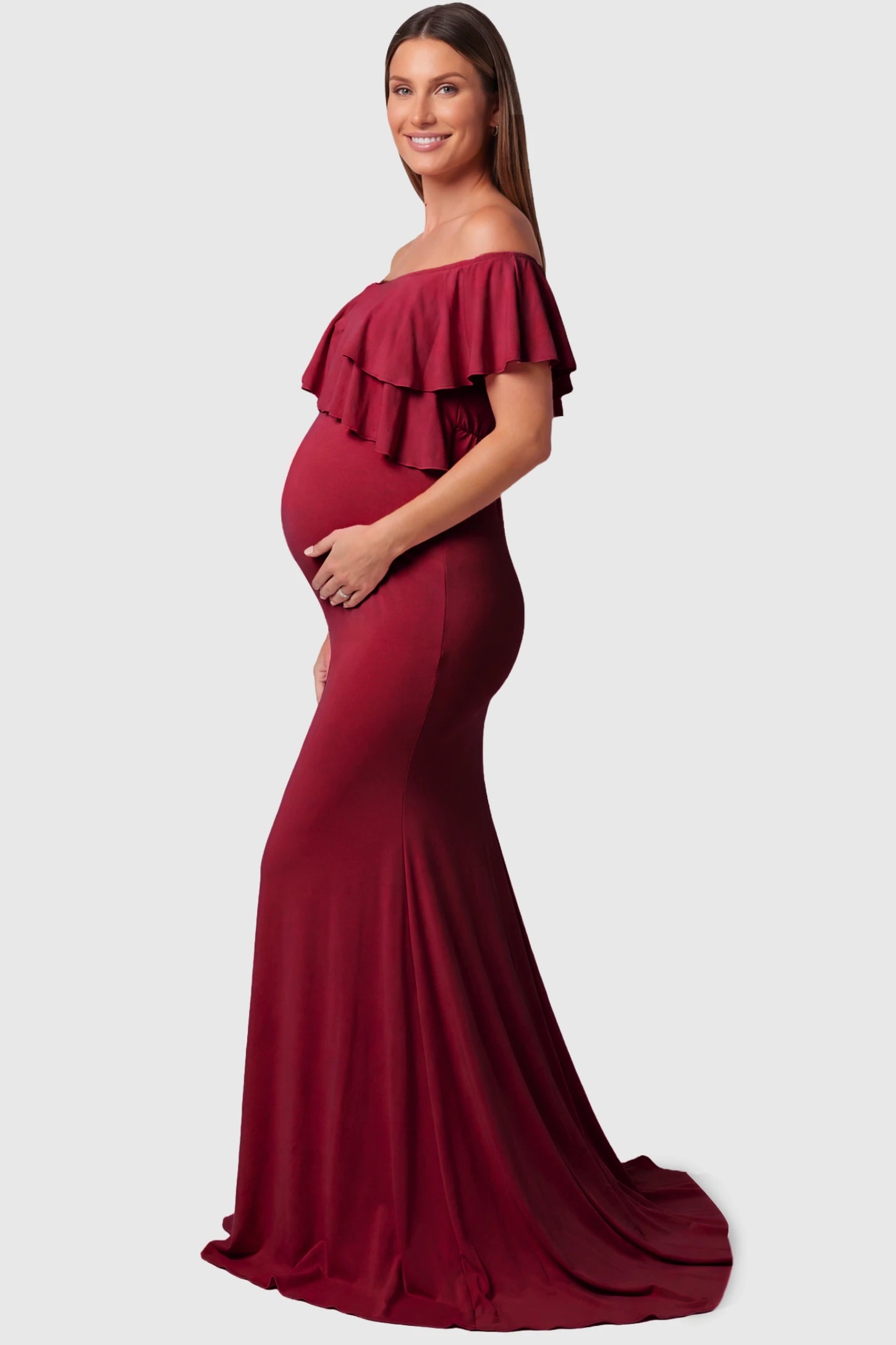 Off-Shoulder Mermaid Maternity Gown in light wine red featuring ruffle overlay, flounce neckline, and sweep train on pregnant model.