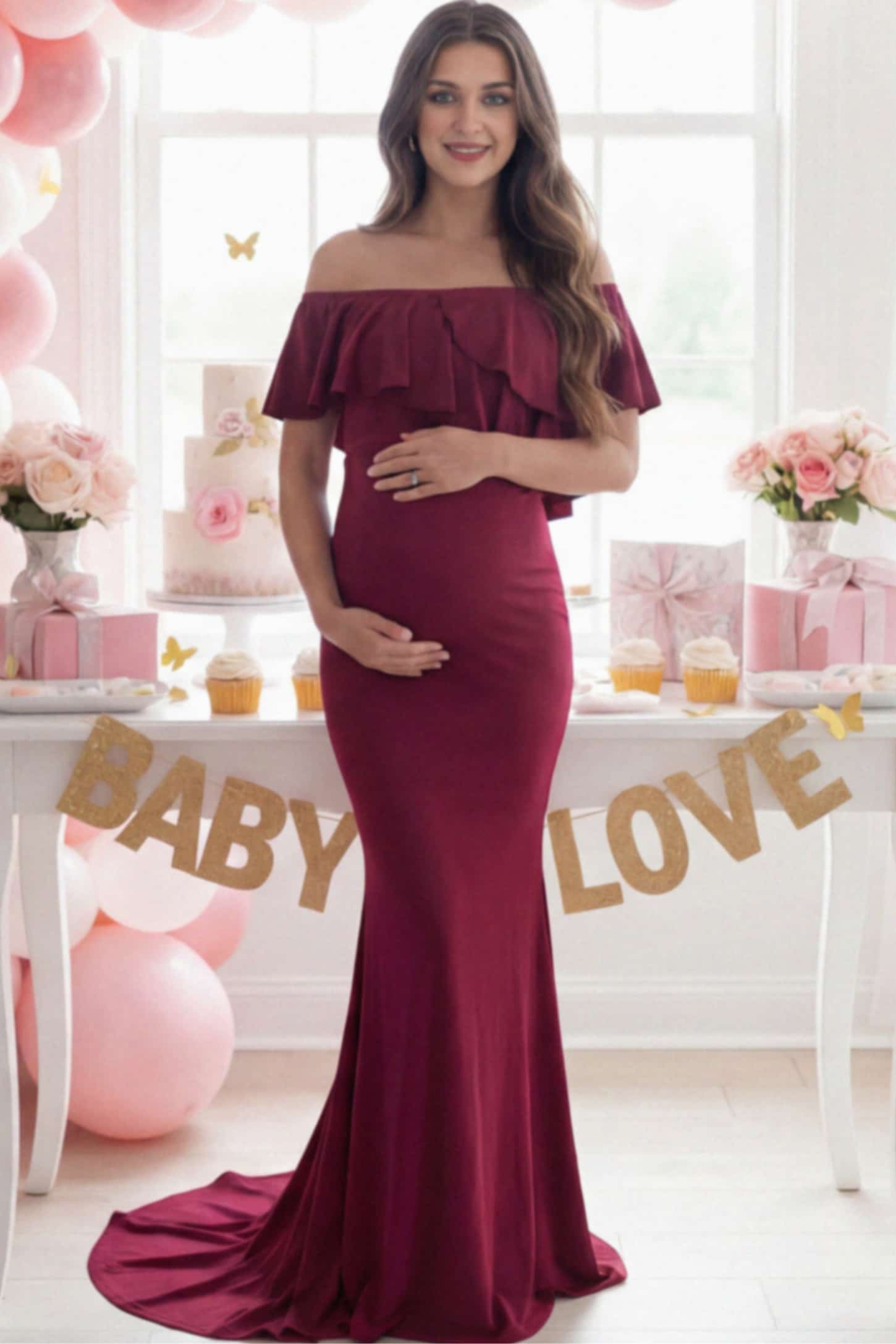 Off-Shoulder Mermaid Maternity Gown Off-Shoulder Mermaid Maternity Gown in light wine red featuring ruffle overlay, flounce neckline, and sweep train on pregnant model.
