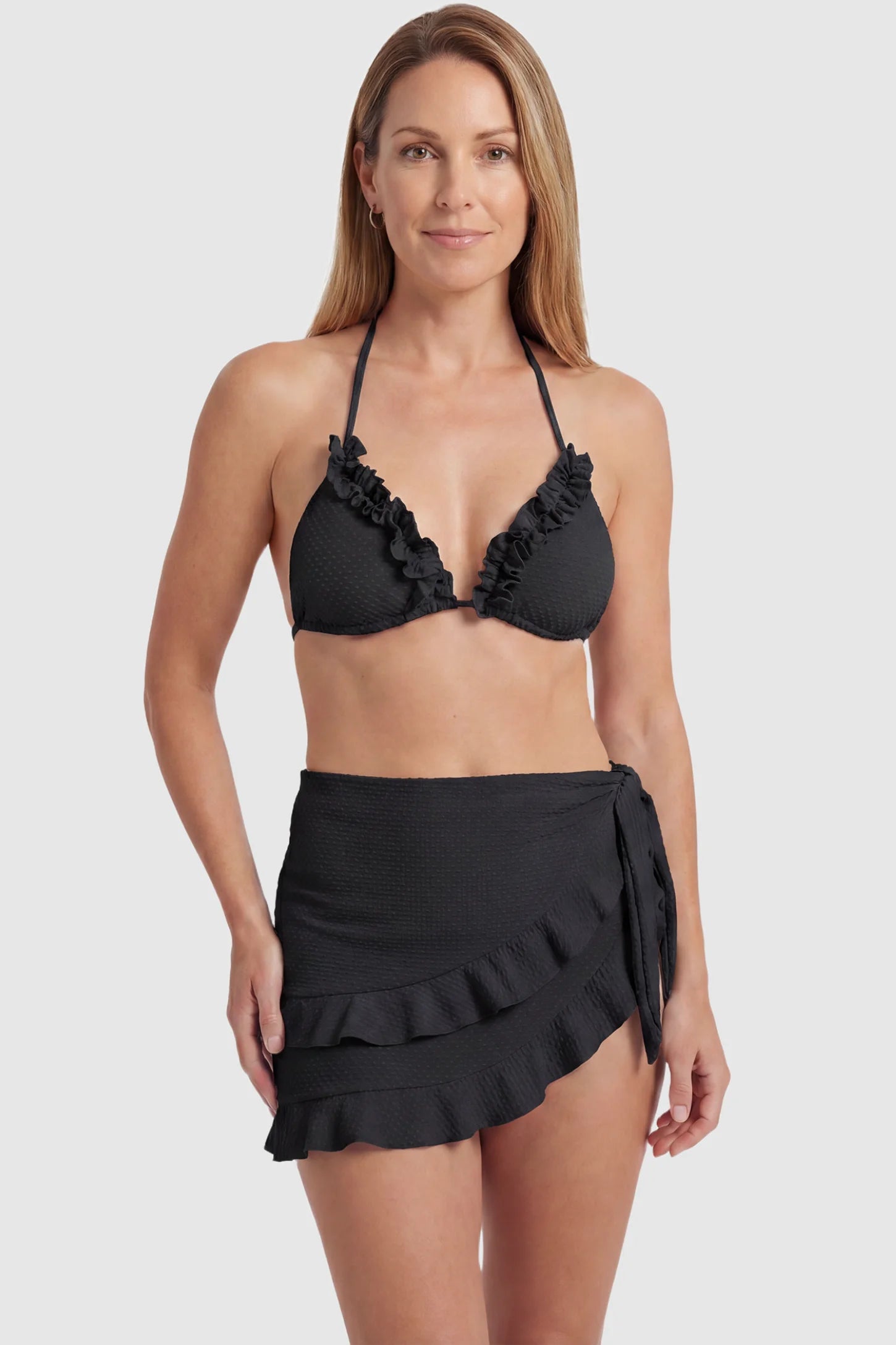 Ruffled Trim Halter Maternity Bikini Set Ruffled trim halter maternity bikini set in black with halter neckline and ruffle detail, front view on postpartum model