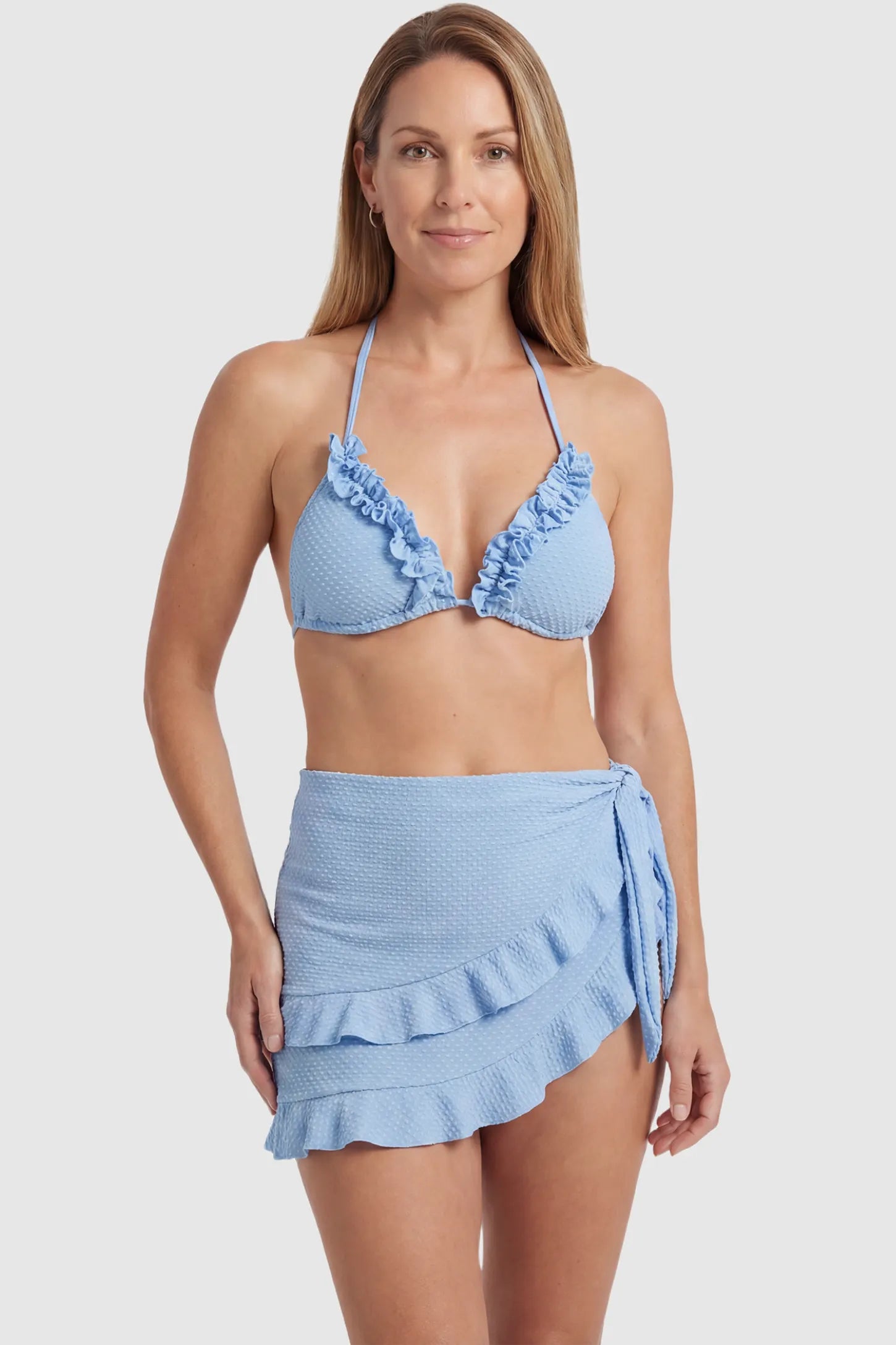 Ruffled Trim Halter Maternity Bikini Set Ruffled trim halter maternity bikini set in blue with halter neckline and ruffle detail, front view on postpartum model