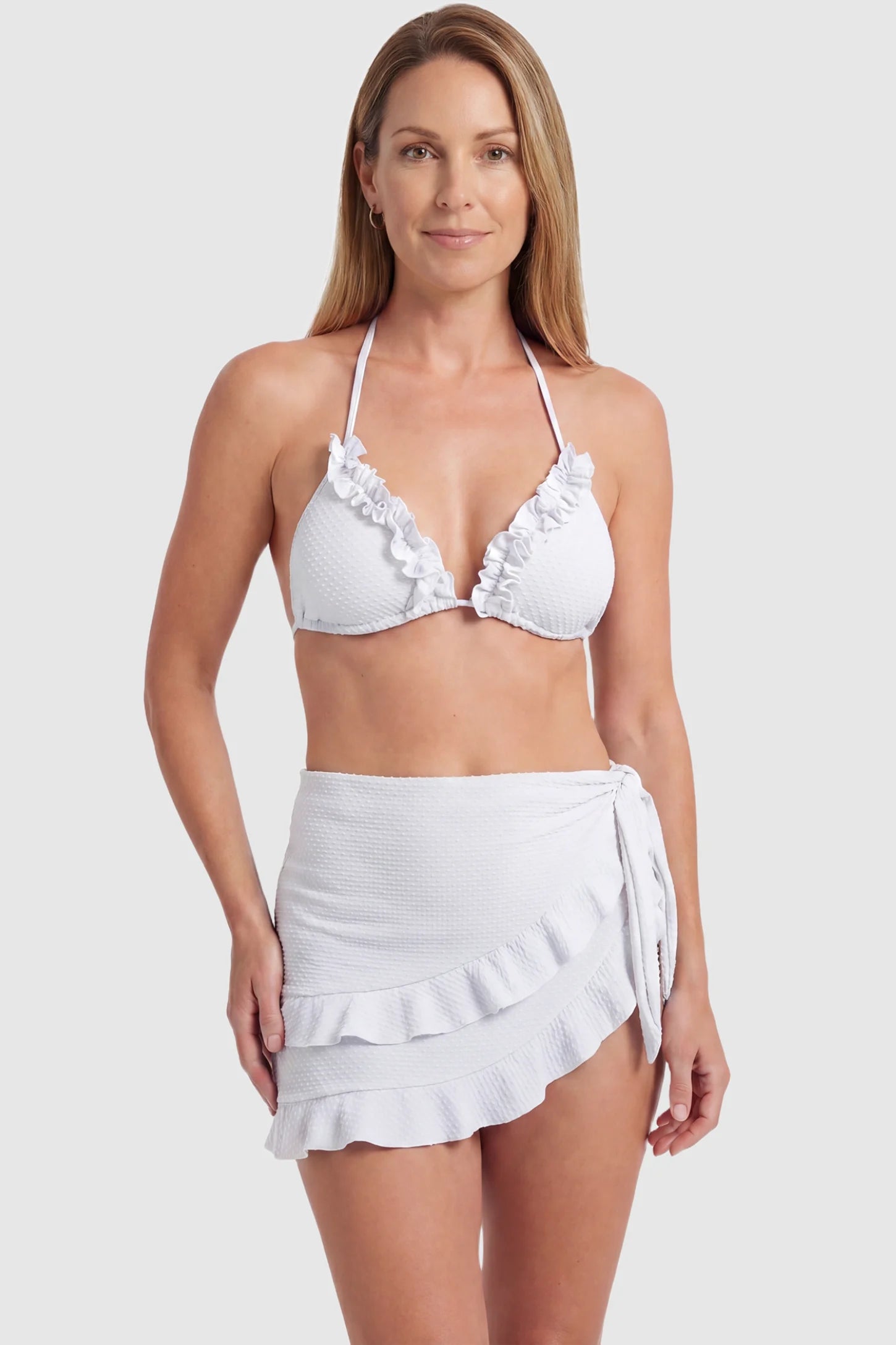 Ruffled Trim Halter Maternity Bikini Set Ruffled trim halter maternity bikini set in white with halter neckline and ruffle detail, front view on postpartum model
