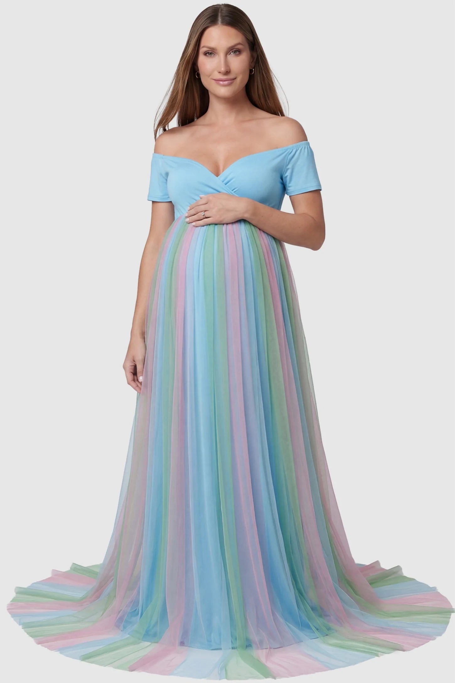 Ruffled Tulle Off-Shoulder Maternity Photoshoot Dress Ruffled Tulle Off-Shoulder Maternity Photoshoot Dress in Sky Blue with a V-neck design on a front-facing pregnant model.