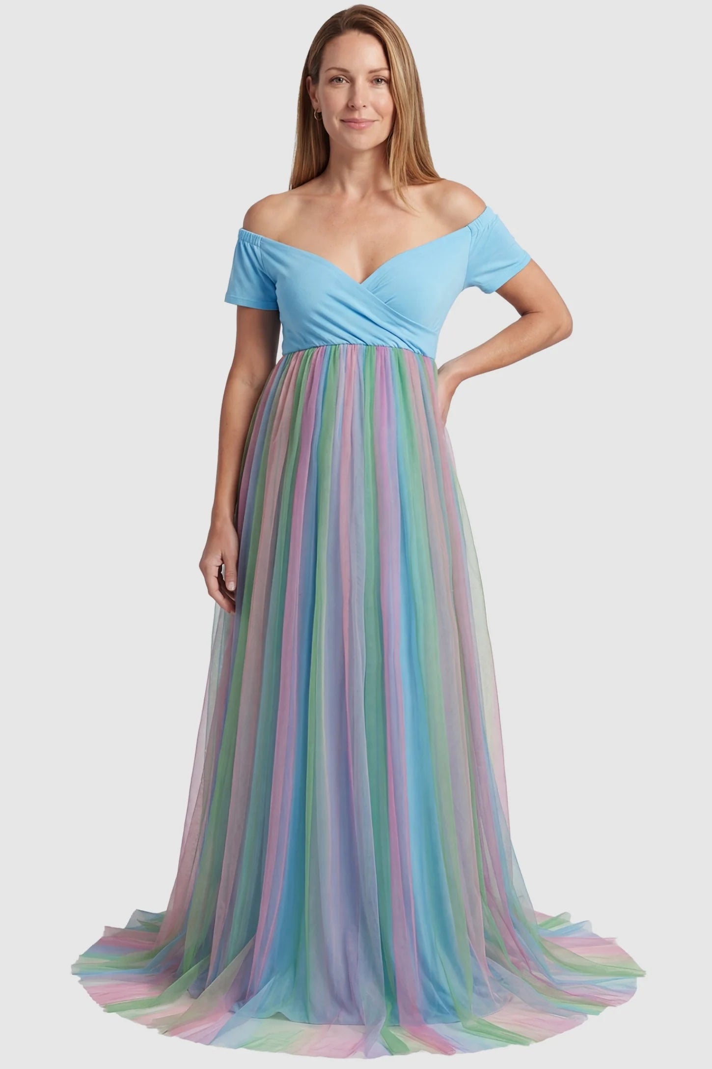 Ruffled Tulle Off-Shoulder Maternity Photoshoot Dress Sky Blue maternity photoshoot dress featuring a skin-friendly acrylic lace bodice on a non-pregnant model.