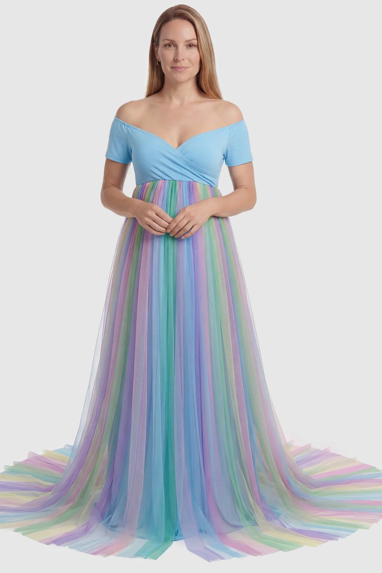 Ruffled Tulle Off-Shoulder Maternity Photoshoot Dress Ruffled Tulle Off-Shoulder Maternity Photoshoot Dress in Sky Blue showing the ruffled trailing skirt on a non-pregnant model in front view.