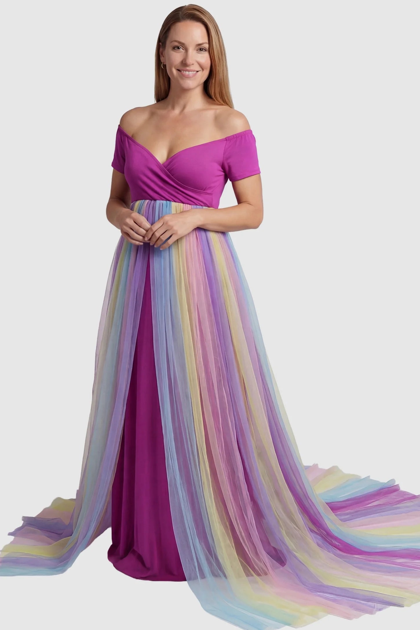 Ruffled Tulle Off-Shoulder Maternity Photoshoot Dress Violet maternity photoshoot dress featuring artistic splicing craftsmanship on a non-pregnant model.