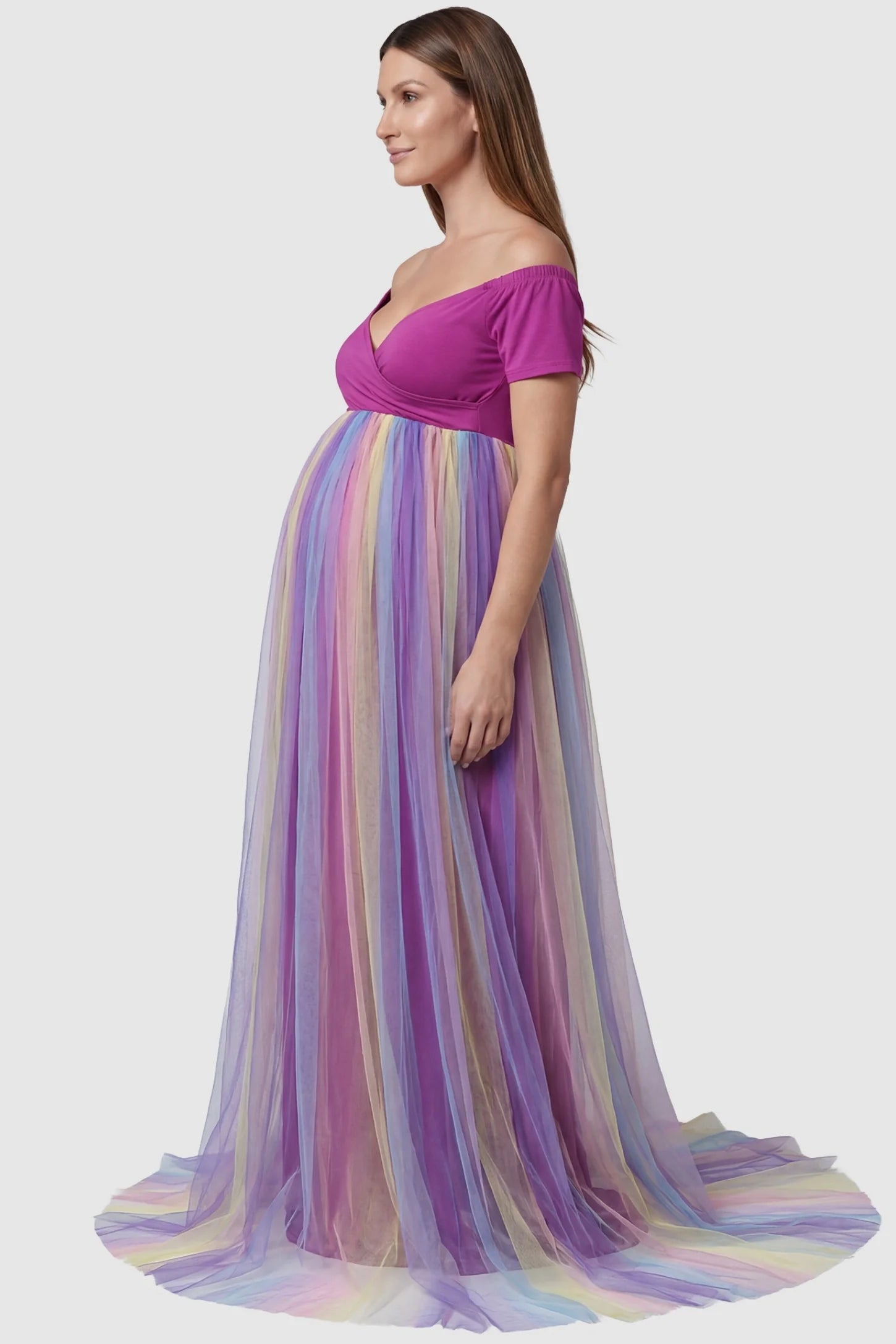 Violet maternity photoshoot dress highlighting a high-waisted ruffled silhouette on a side-profile pregnant model.
