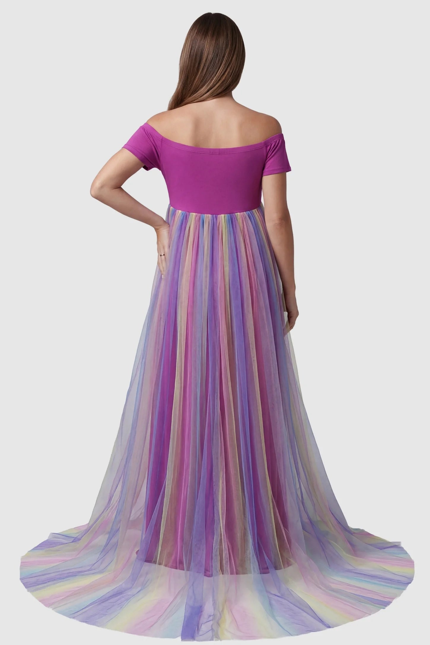Ruffled Tulle Off-Shoulder Maternity Photoshoot Dress Ruffled Tulle Off-Shoulder Maternity Photoshoot Dress in Violet showing the off-shoulder neckline on the back of a pregnant model.