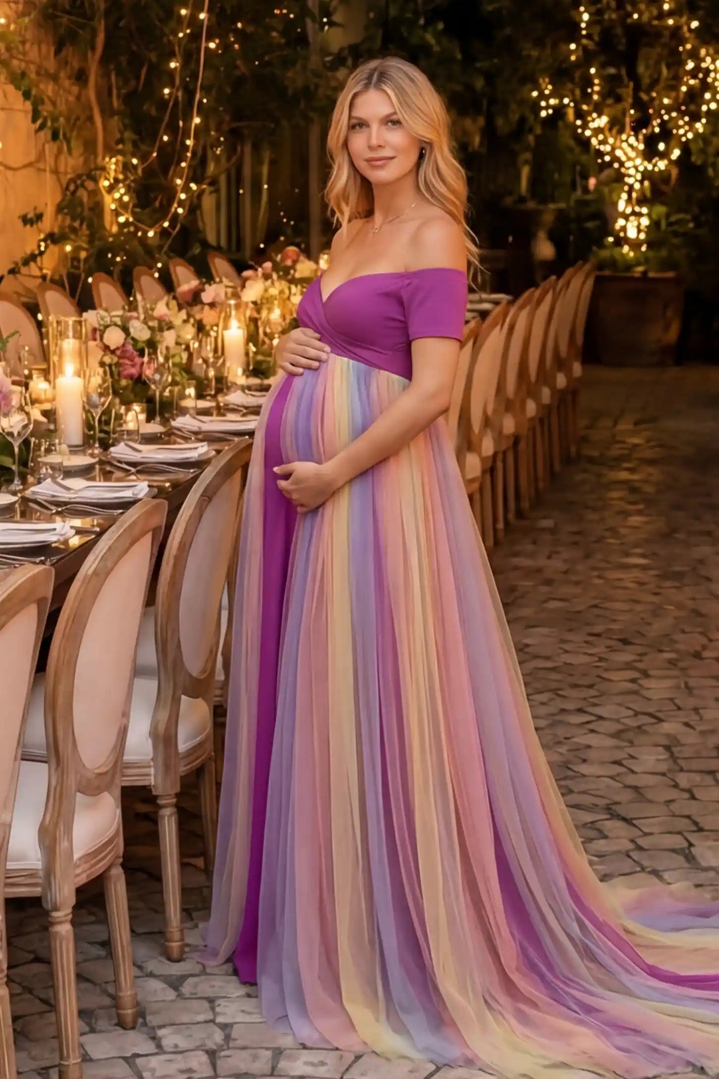 Ruffled Tulle Off-Shoulder Maternity Photoshoot Dress in Violet featuring a multi-color trailing skirt on a pregnant model.