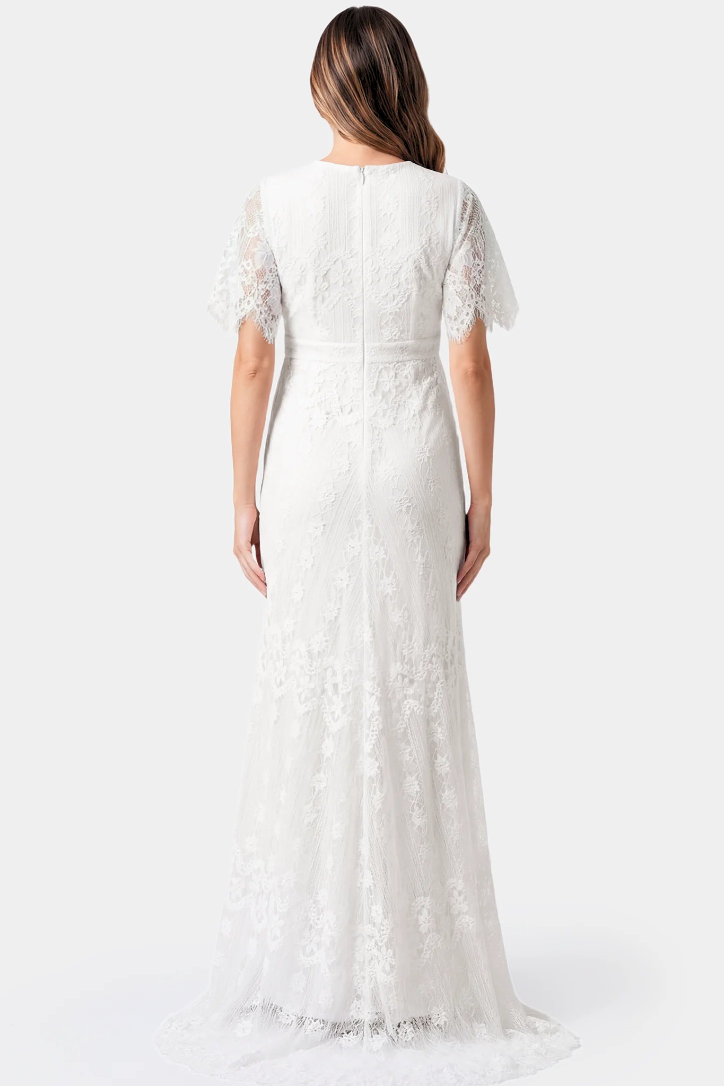 Lace Scalloped V-Neck Maternity Gown Lace Scalloped V-Neck Maternity Gown in white featuring short lace sleeves and scalloped hem on pregnant model.