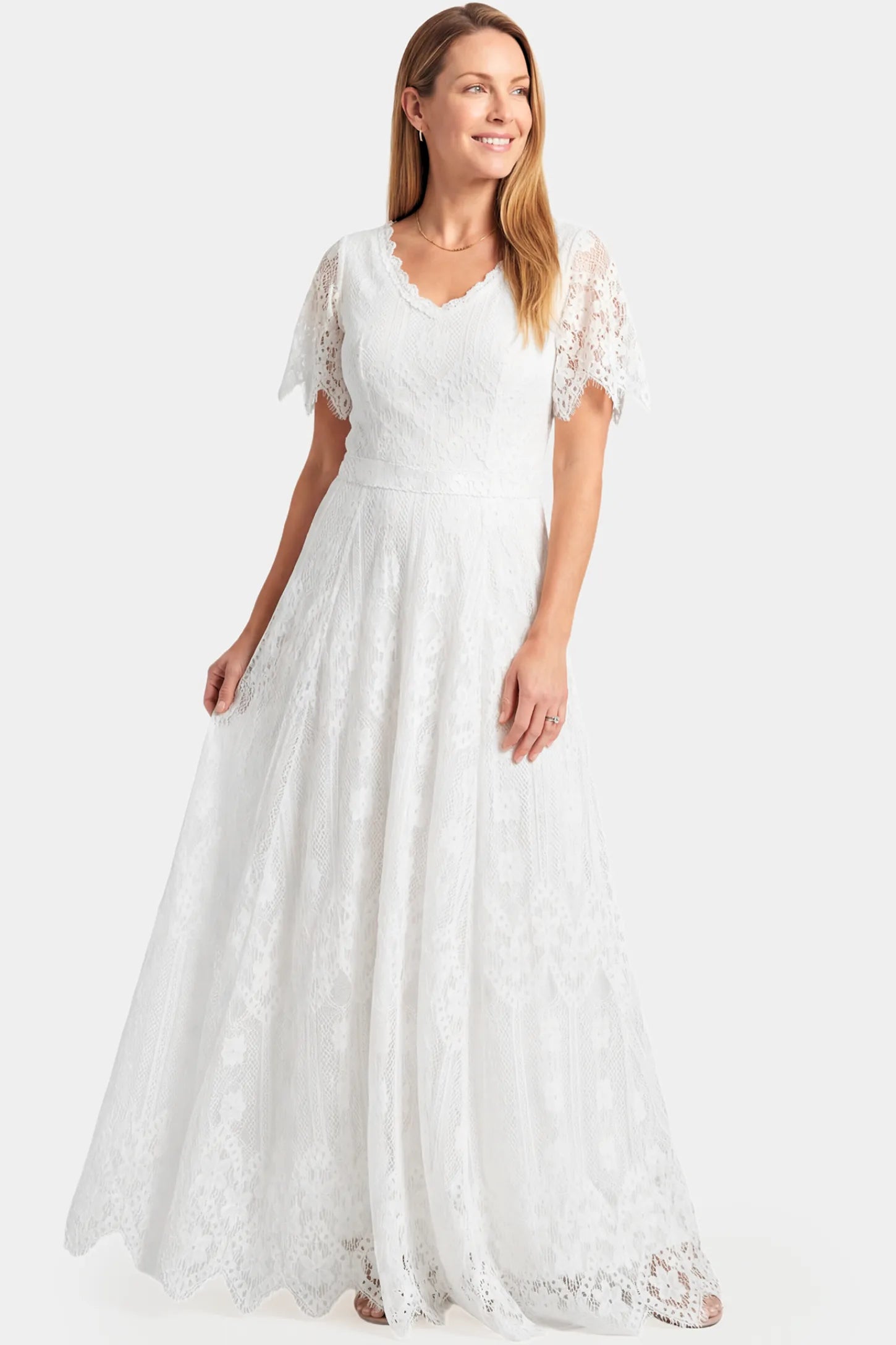 Lace Scalloped V-Neck Maternity Gown Lace Scalloped V-Neck Maternity Gown in white featuring short lace sleeves and scalloped hem on non pregnant model.