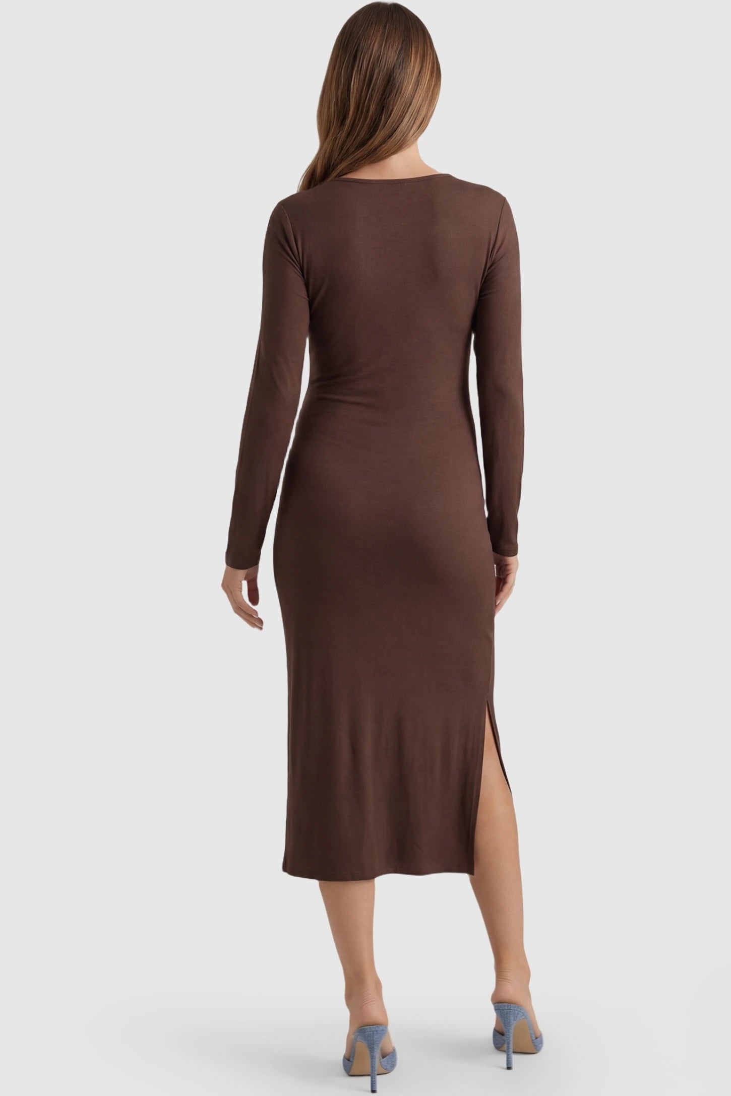 Scoop-Neck Button Chest Long-Sleeve Midi Maternity Dress Scoop-neck button chest long-sleeve midi maternity dress in dark brown with long-sleeves, back view on pregnant model