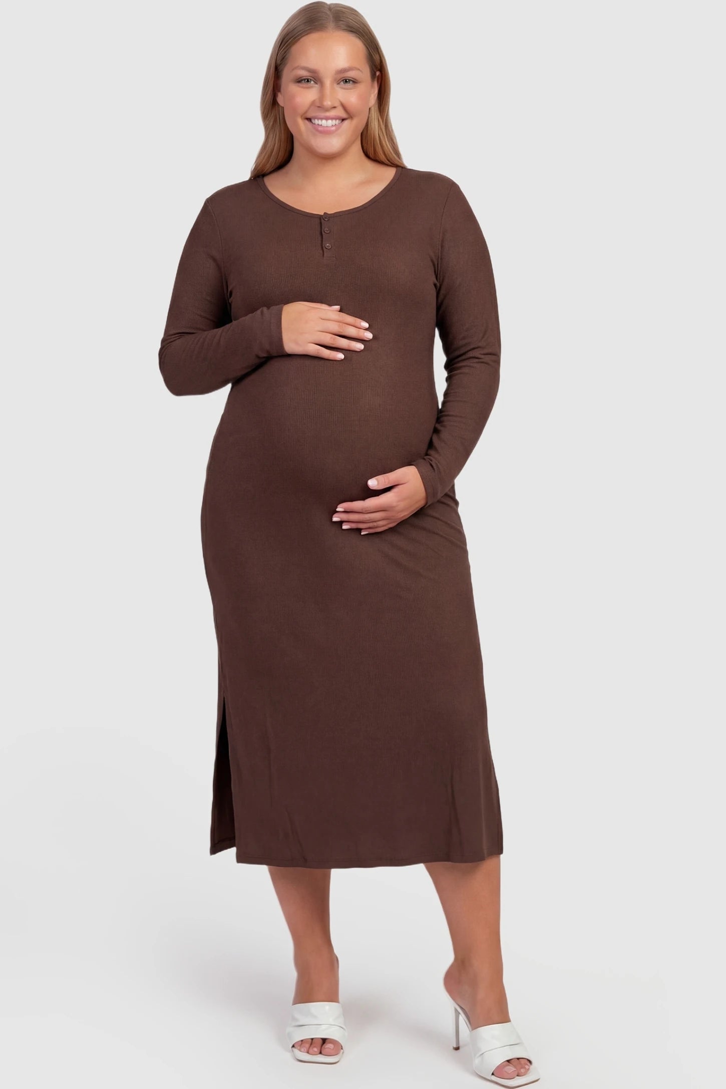 Scoop-Neck Button Chest Long-Sleeve Midi Maternity Dress Scoop-neck button chest long-sleeve midi maternity dress in dark brown with comfortable stretch design, full body on plus-size model