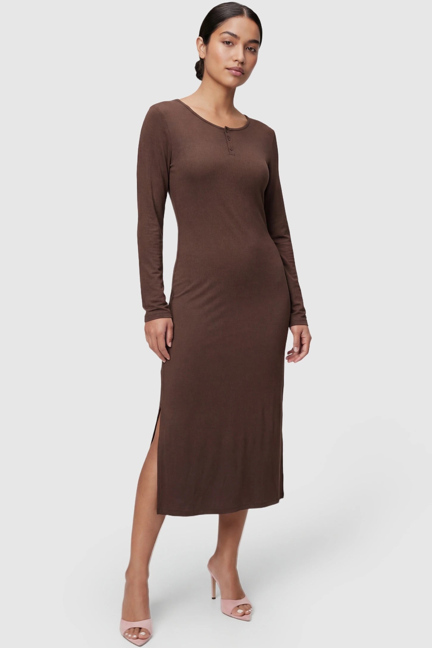 Scoop-Neck Button Chest Long-Sleeve Midi Maternity Dress Scoop-neck button chest long-sleeve midi maternity dress in dark brown with comfortable stretch design, full body on postpartum model
