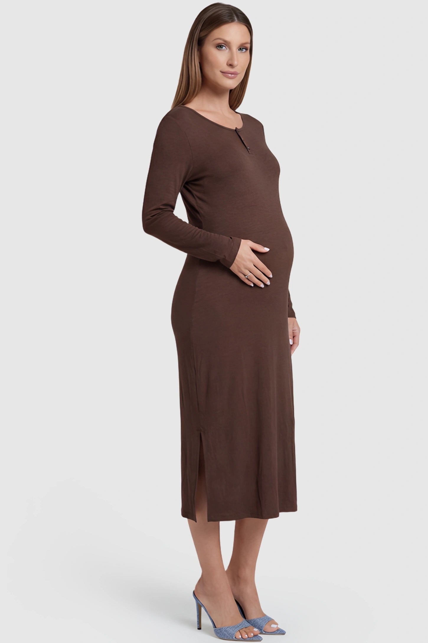 Scoop-Neck Button Chest Long-Sleeve Midi Maternity Dress Scoop-neck button chest long-sleeve midi maternity dress in dark brown with bump-flattering fit, side view on pregnant model