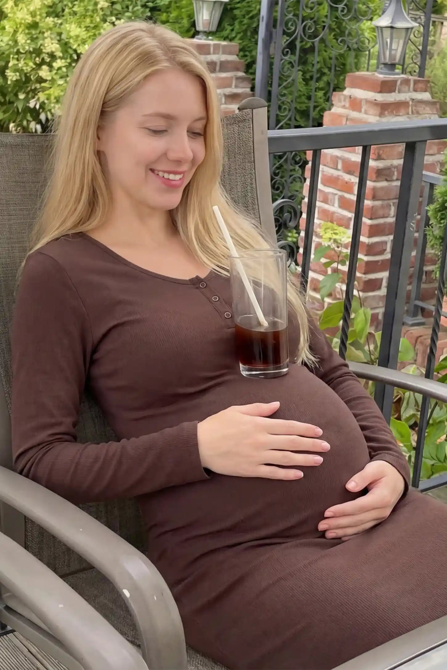 Scoop-Neck Button Chest Long-Sleeve Midi Maternity Dress Scoop-neck button chest long-sleeve midi maternity dress in dark brown with casual elegant style, on UGC model