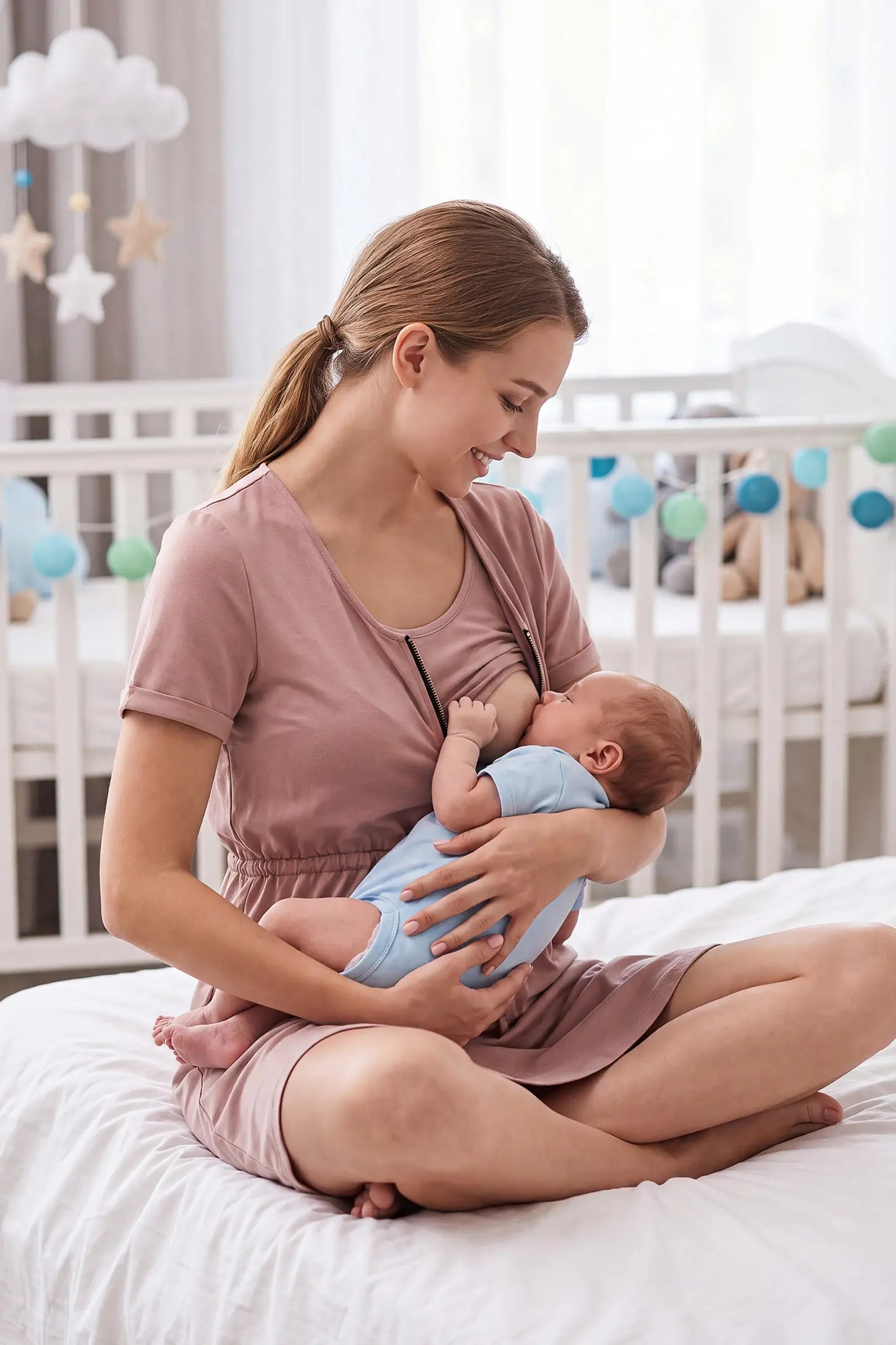 Scoop neck short sleeve maternity and nursing dress in rose gold featuring breastfeeding-friendly design in full body view on a editorial lifestyle model