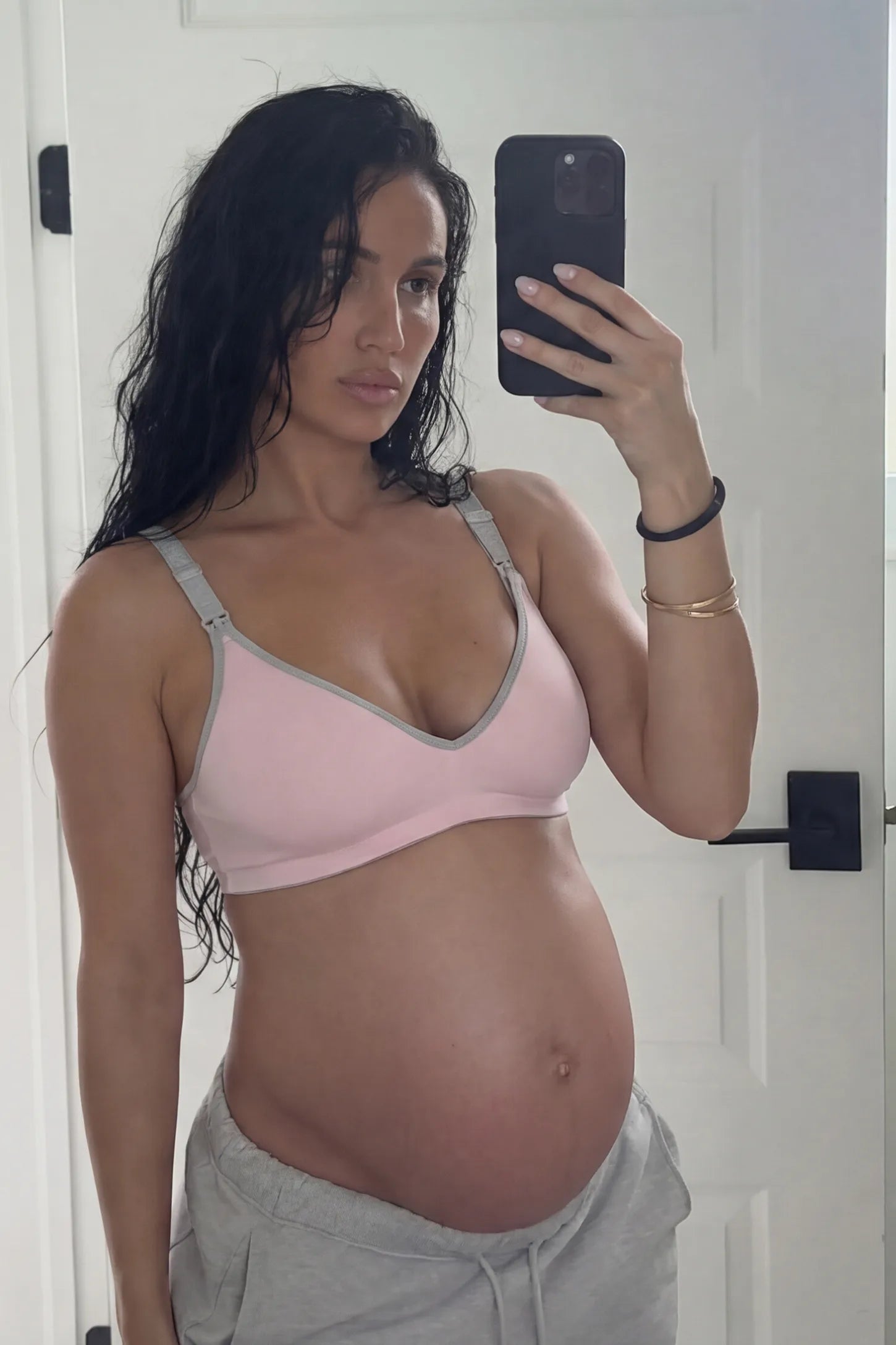 Clip-Down Seamless Nursing Bra Clip-Down Seamless Nursing Bra in pink featuring soft V-neck shape, and full-cup coverage on pregnant model.