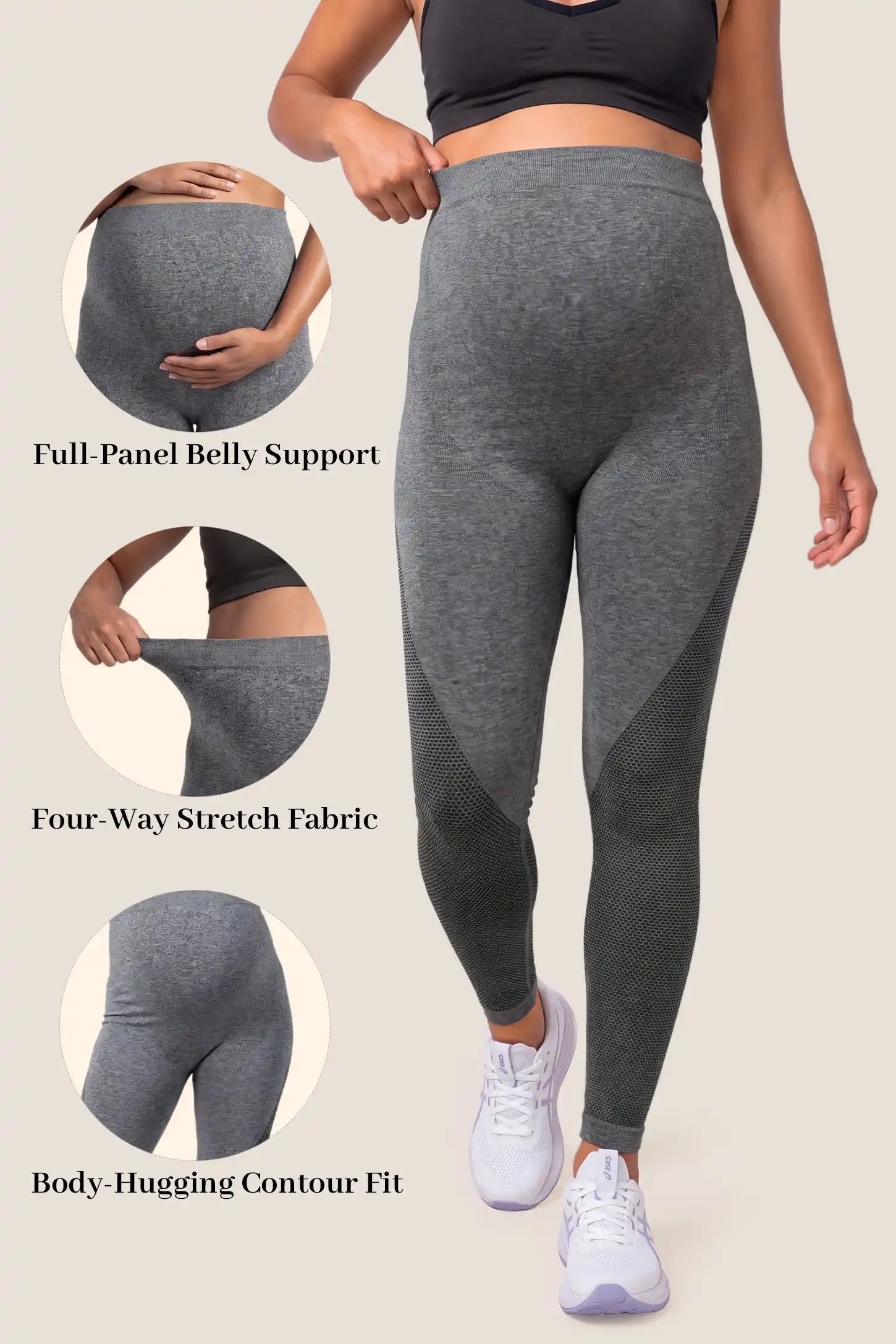 Seamless Over-the-Bump Maternity Leggings in Grey featuring full-panel belly support, four-way stretch fabric, and body-hugging contour fit, key feature demonstration view.