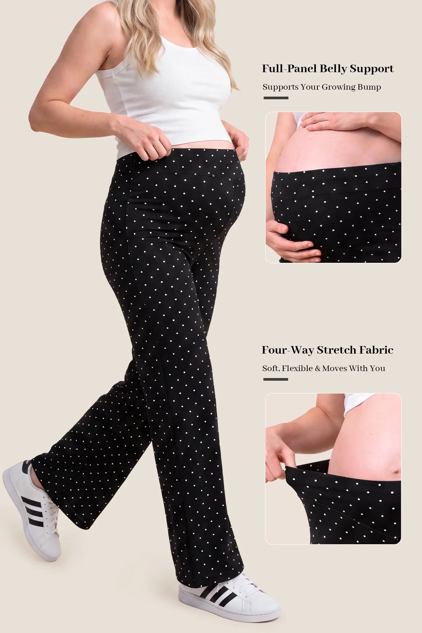 Seamless Polka Dot Maternity Flare Yoga Pants Seamless Polka Dot Maternity Flare Yoga Pants in Black Polka Dot featuring full panel belly support and high-elastic four-way stretch fabric, feature demonstration view.