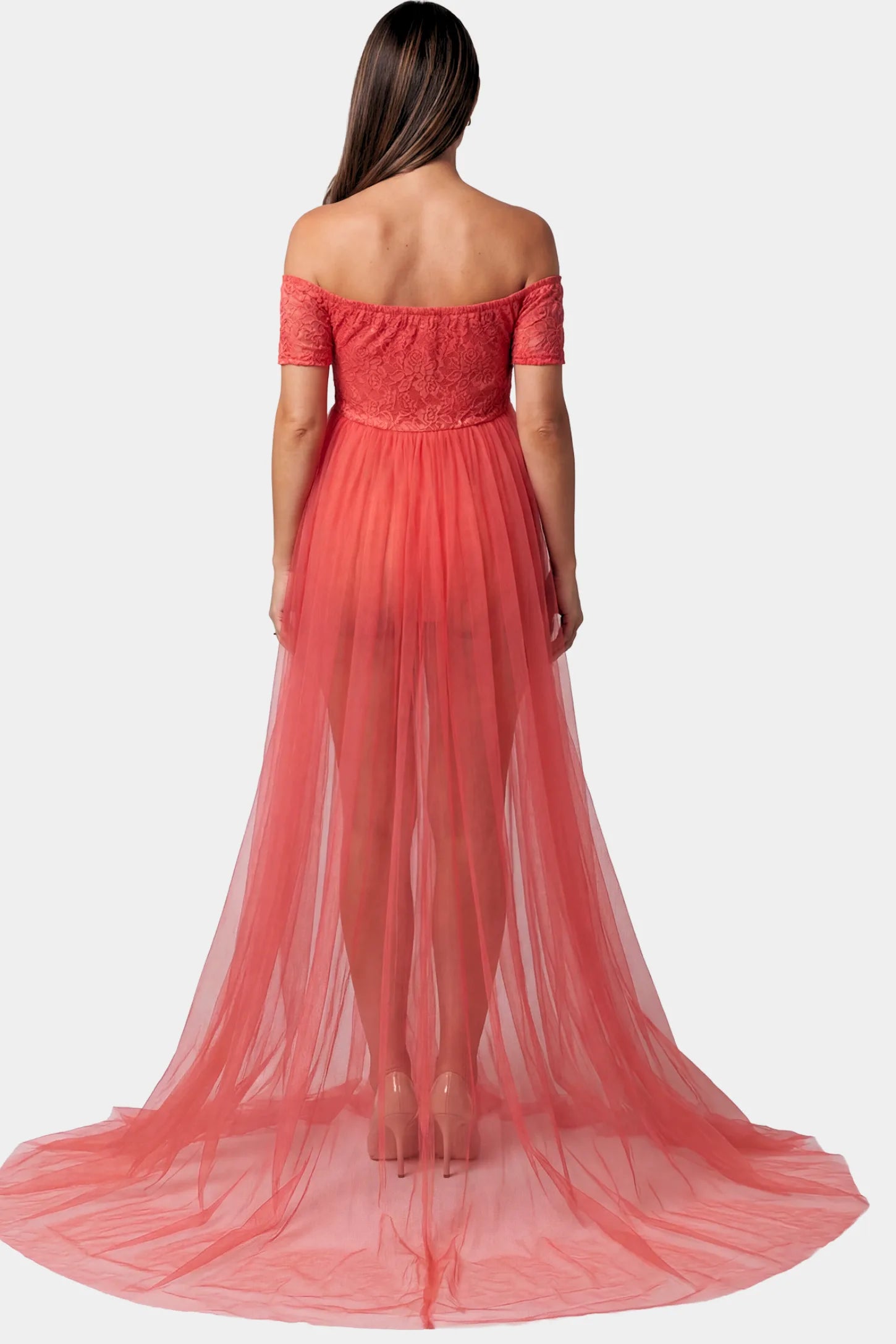 Lace Sheer Overlay Off-Shoulder Maternity Photoshoot Gown Lace Sheer Overlay Off Shoulder Maternity Photoshoot Gown in Rose featuring off shoulder design and flowing sheer skirt on a pregnant model.