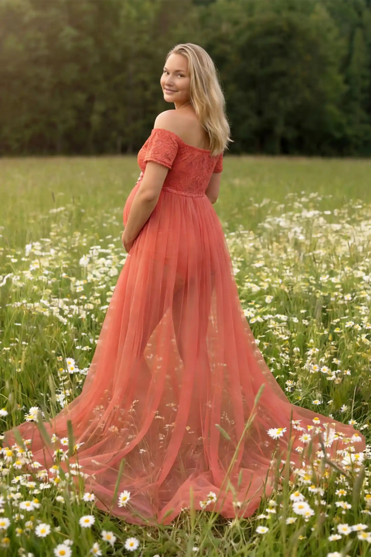 Lace Sheer Overlay Off-Shoulder Maternity Photoshoot Gown Lace Sheer Overlay Off Shoulder Maternity Photoshoot Gown in Rose featuring sweetheart neckline and flowing sheer skirt on a pregnant model.