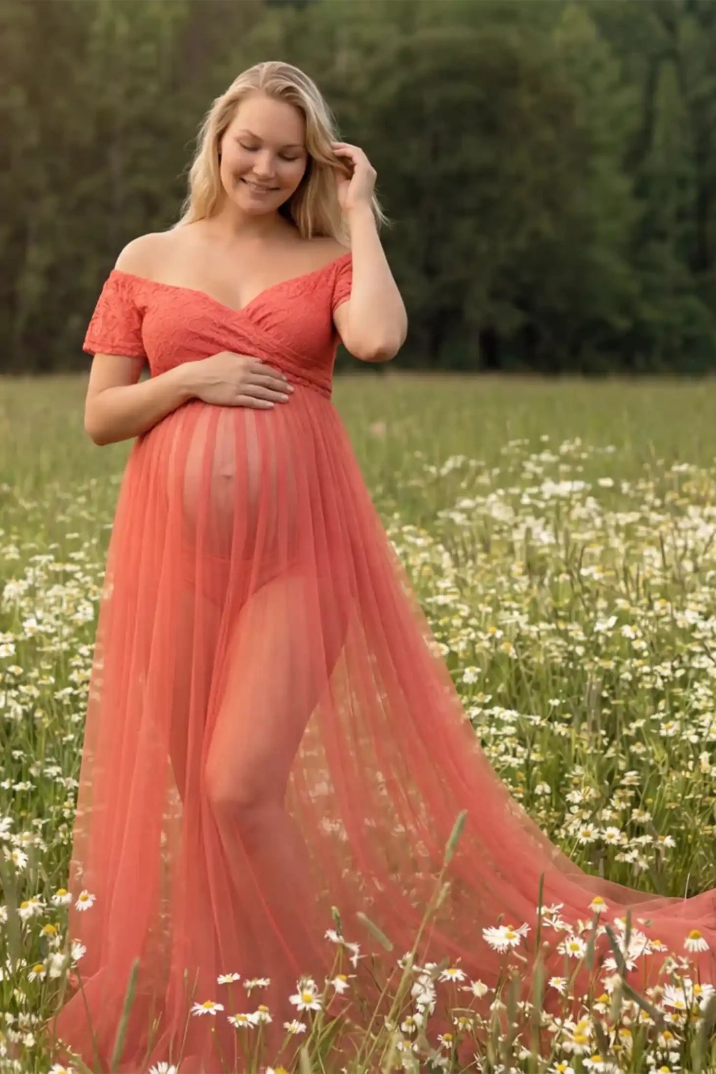 Lace Sheer Overlay Off Shoulder Maternity Photoshoot Gown in Rose featuring sweetheart neckline and flowing sheer skirt on a pregnant model.