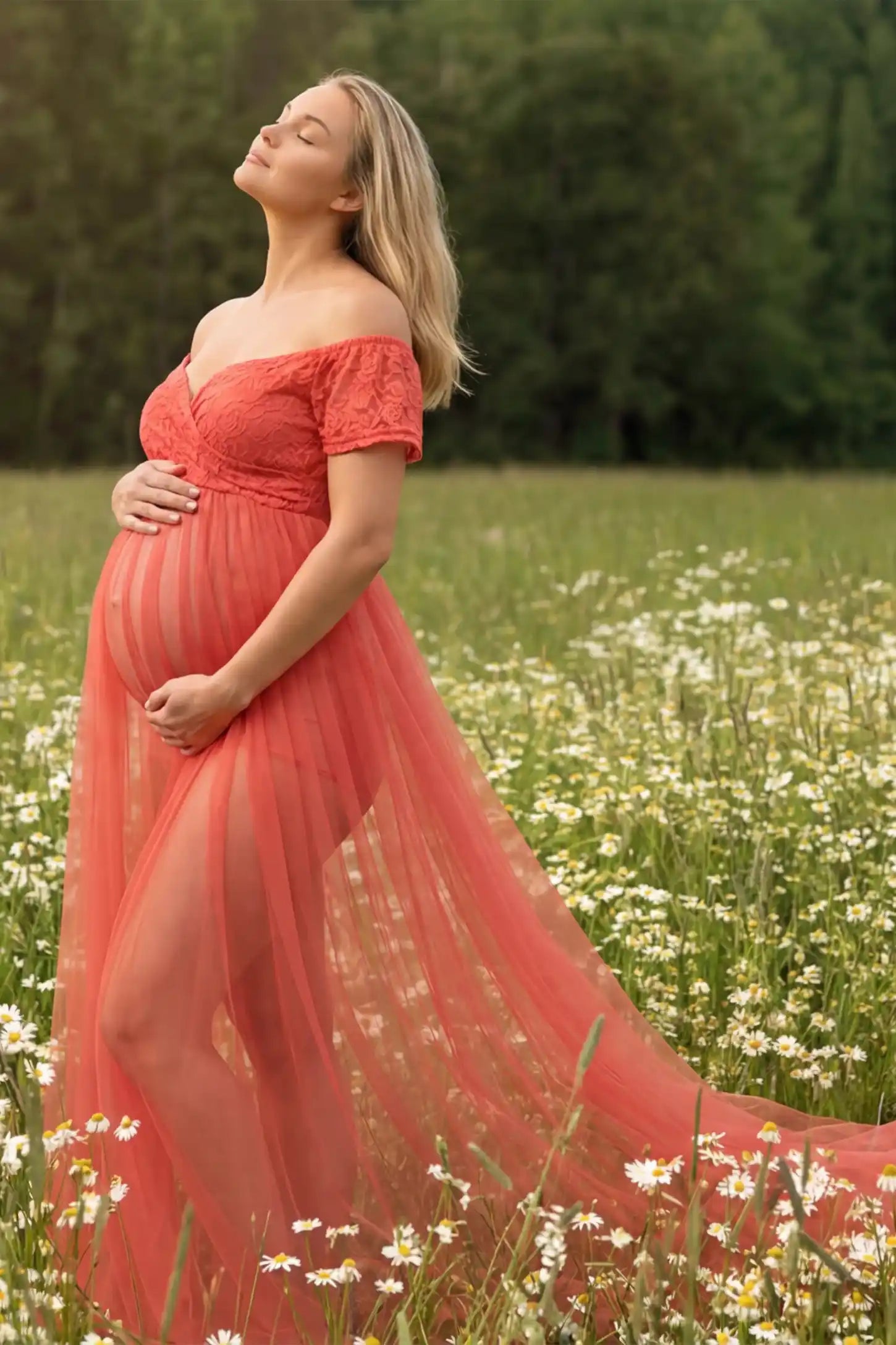 Lace Sheer Overlay Off Shoulder Maternity Photoshoot Gown in Rose featuring sweetheart neckline and flowing sheer skirt on a pregnant model.