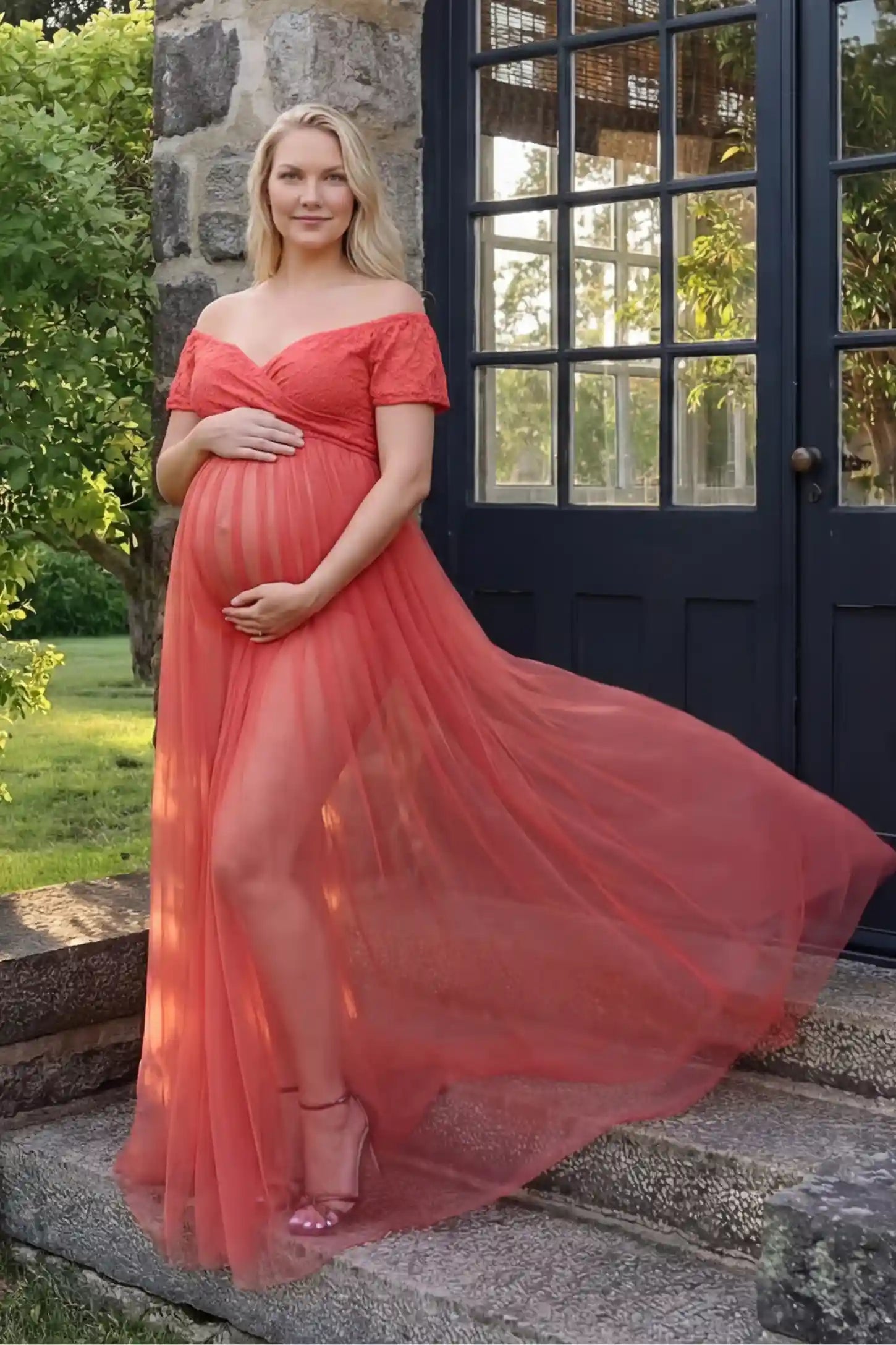 Lace Sheer Overlay Off-Shoulder Maternity Photoshoot Gown Lace Sheer Overlay Off Shoulder Maternity Photoshoot Gown in Rose featuring sweetheart neckline and flowing sheer skirt on a pregnant model.