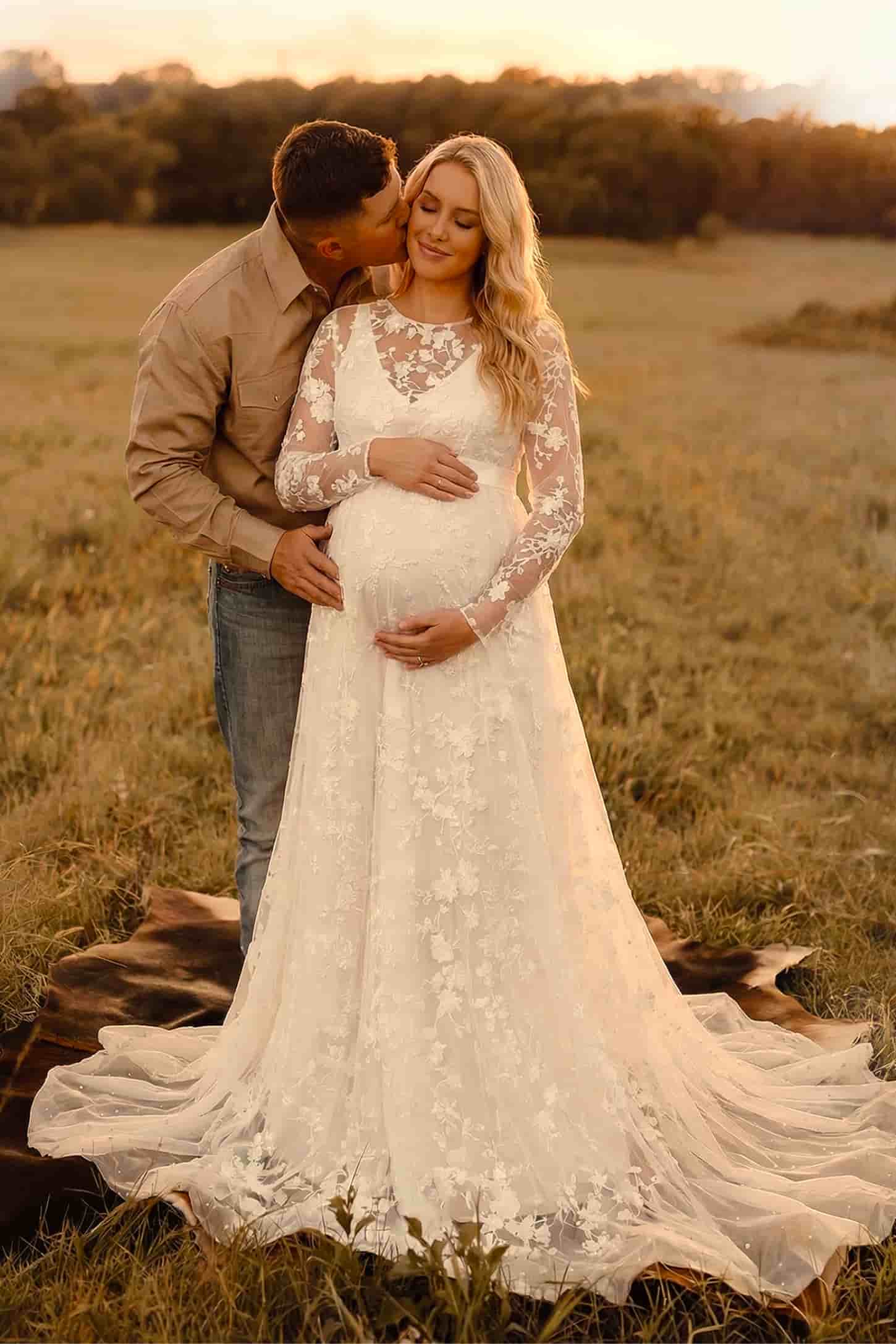 Lace Long Sheer Sleeve Bridal Maternity Gown in white featuring illusion scoop neckline and sheer lace sleeves on a pregnant model.