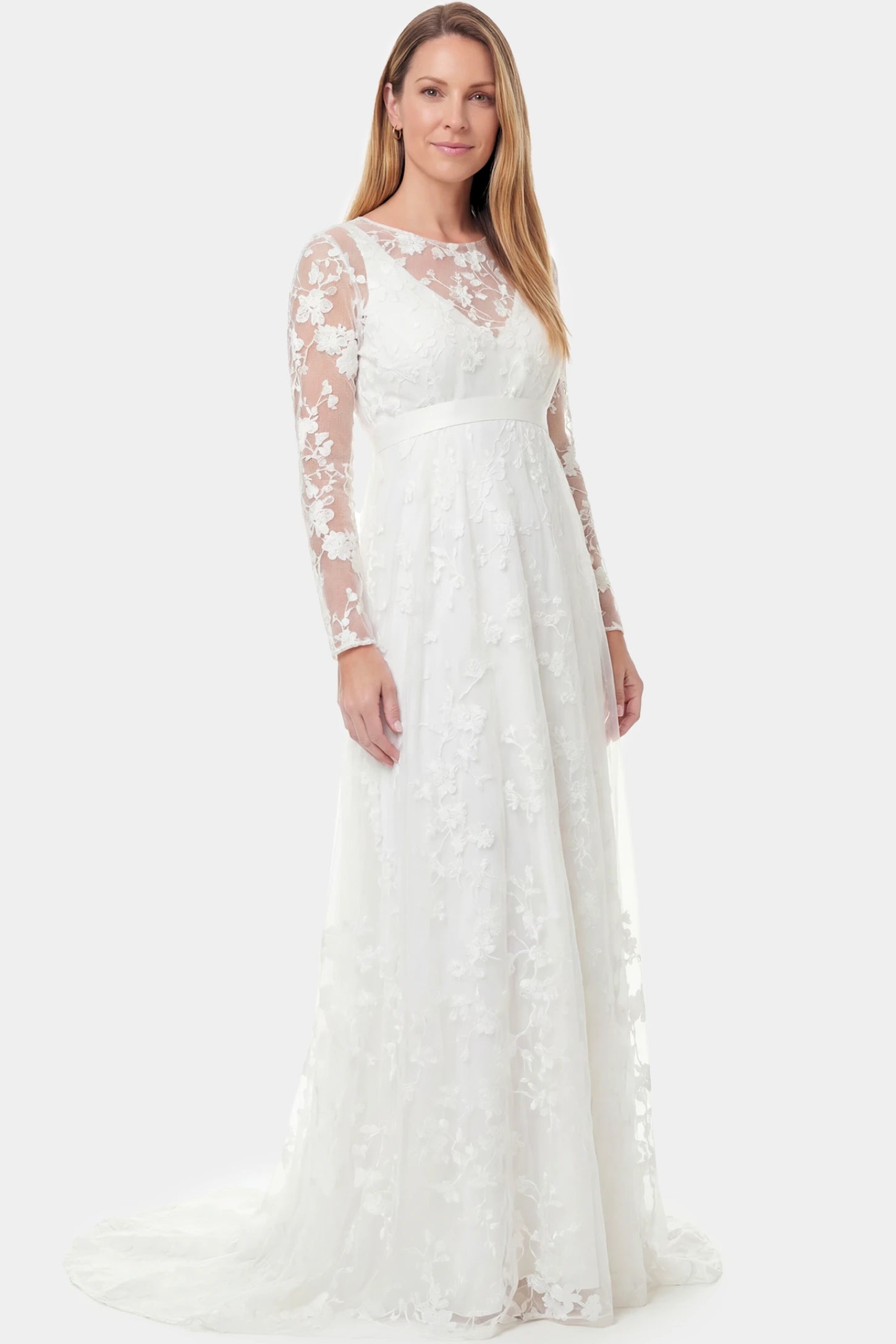 Lace Long Sheer Sleeve Bridal Maternity Gown Lace Long Sheer Sleeve Bridal Maternity Gown in white featuring back train and sheer lace sleeves on a non pregnant model.