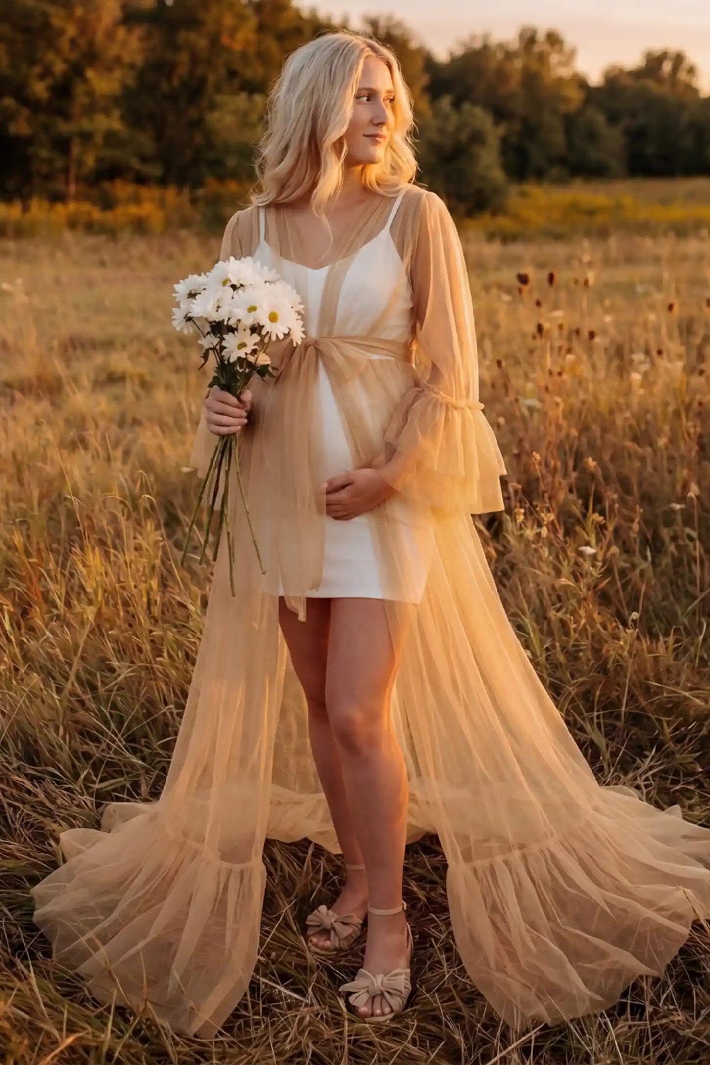 Sheer Tulle Deep V-Neck Tiered Maternity Maxi Gown Sheer tulle deep V-neck tiered maternity maxi gown in Camel with elegant maternity photoshoot styling, UGC view