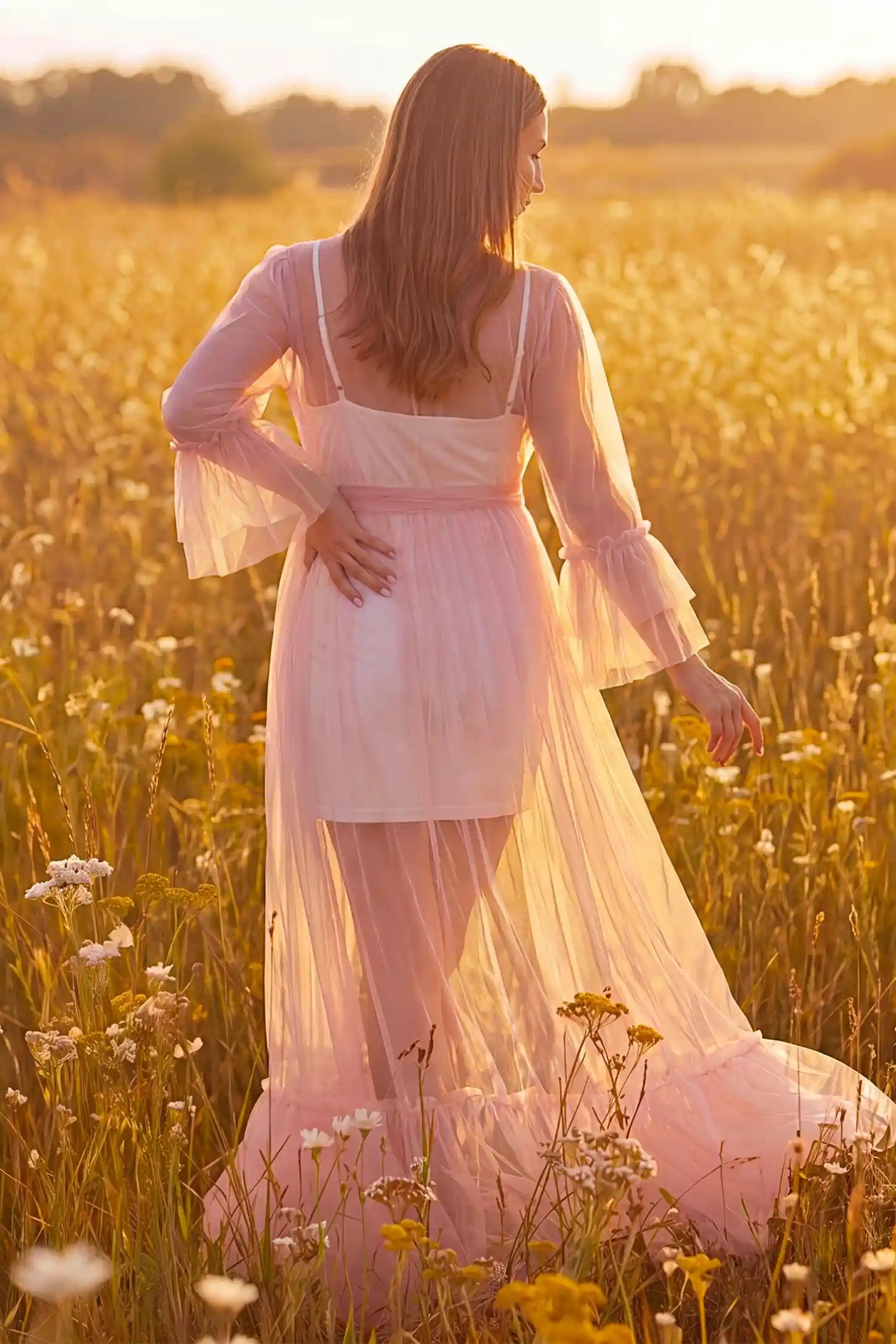 Sheer Tulle Deep V-Neck Tiered Maternity Maxi Gown Sheer tulle deep V-neck tiered maternity maxi gown in Pink with cascading sheer tulle layers, back view on pregnant model